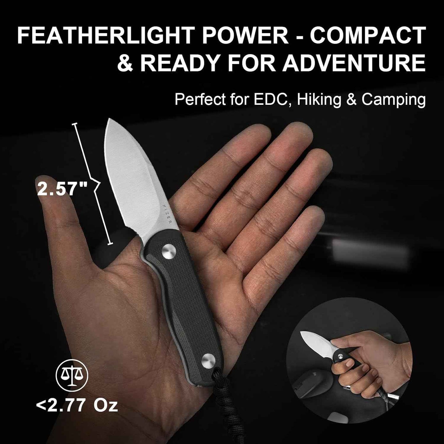 Kizer Drop Bear EDC Fixed Blade Knife - 2.57" 14C28N Blade, Yellow PEI Handle, Compact Survival Knife with Kydex Sheath