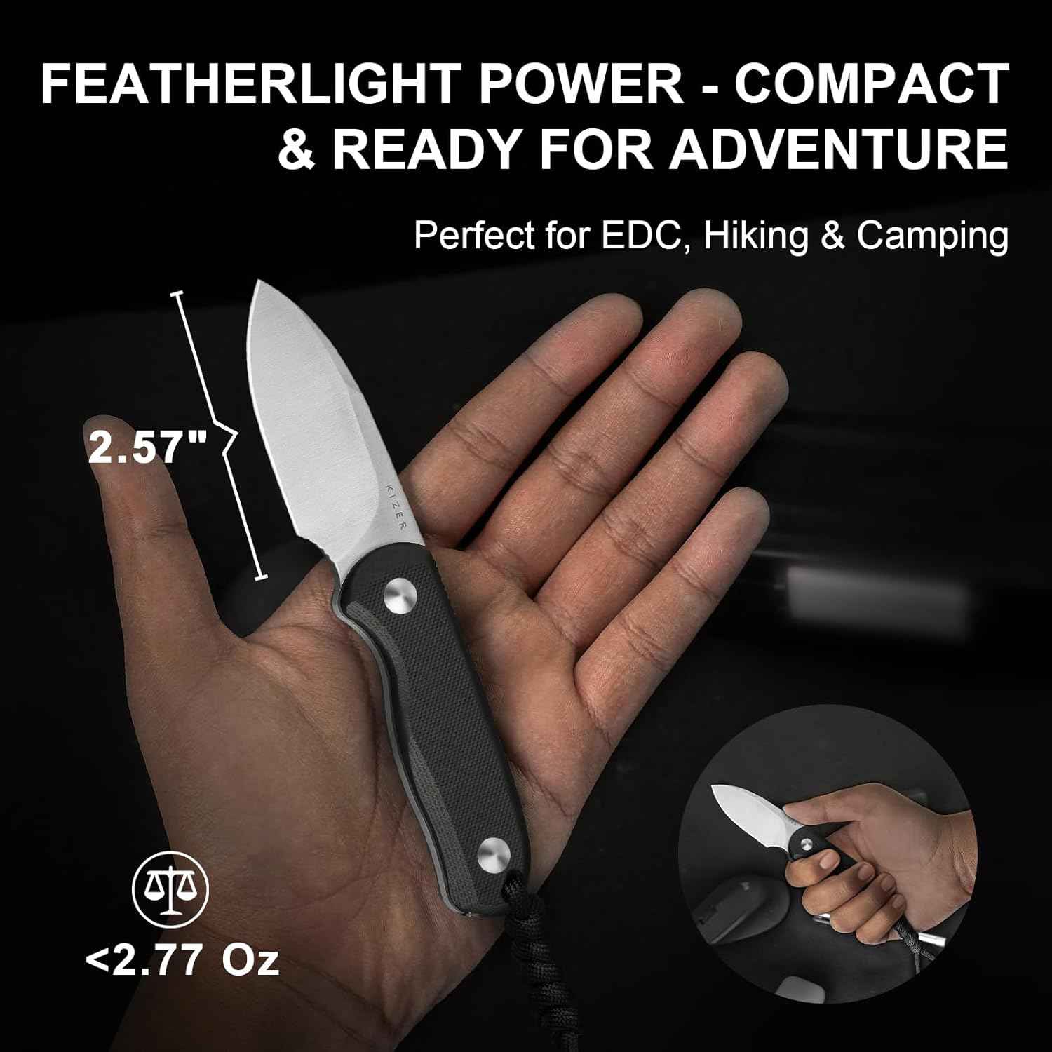 Kizer Drop Bear EDC Fixed Blade Knife - 2.57" 14C28N Blade, Yellow PEI Handle, Compact Survival Knife with Kydex Sheath