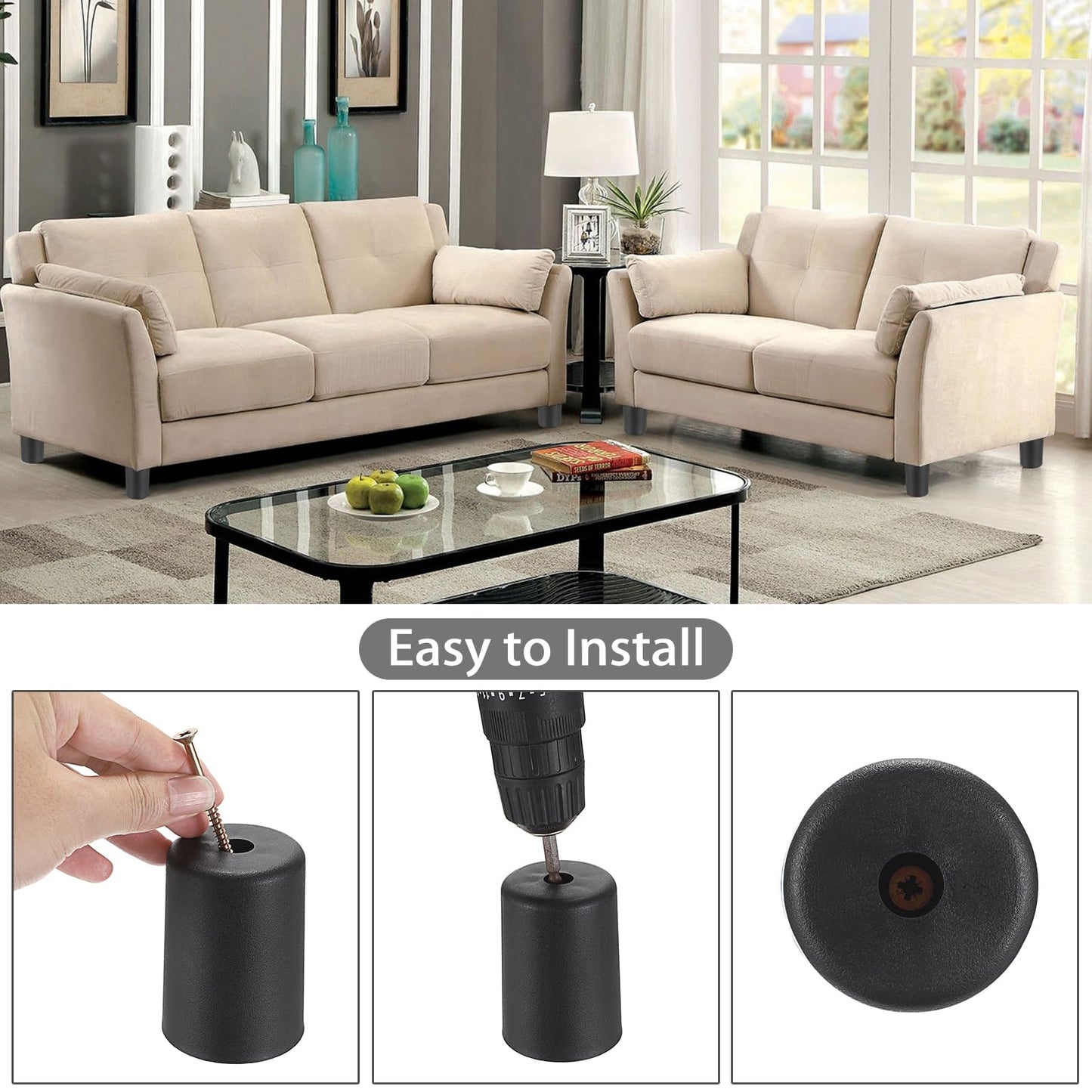 OwnMy 4PCS 3 Inch Plastic Furniture Legs Screw-in Plastic Sofa Legs Couch Legs Couch Feet Replacement Kit, Black Round Chair Legs for Coffee Table Cabinet Bed Risers