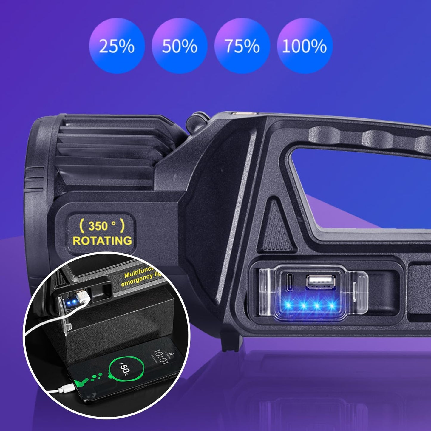 LETOUR 1450000 L Spotlight, Rechargeable Led Spotlight Flashlight with 350° Rotate Head, 9 Modes Super Bright Spot Lights Outdoor Handheld, IPX6 Waterproof Solar Flashlight for Emergencies,XX-Large