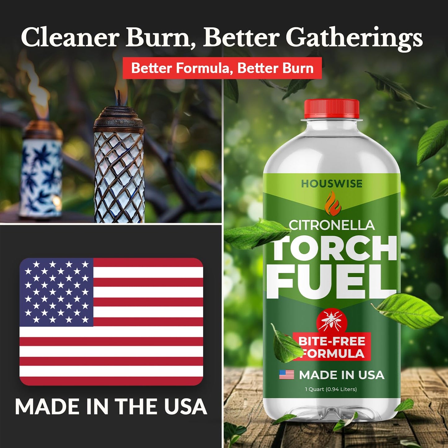 Houswise Torch Fuel (1 Quart) - Citronella Oil for Torches for Outside, Lantern Liquid Paraffin Lamp Oil Fuel, Scented Lamp Outside Citronella Torches Outdoor Paraffin
