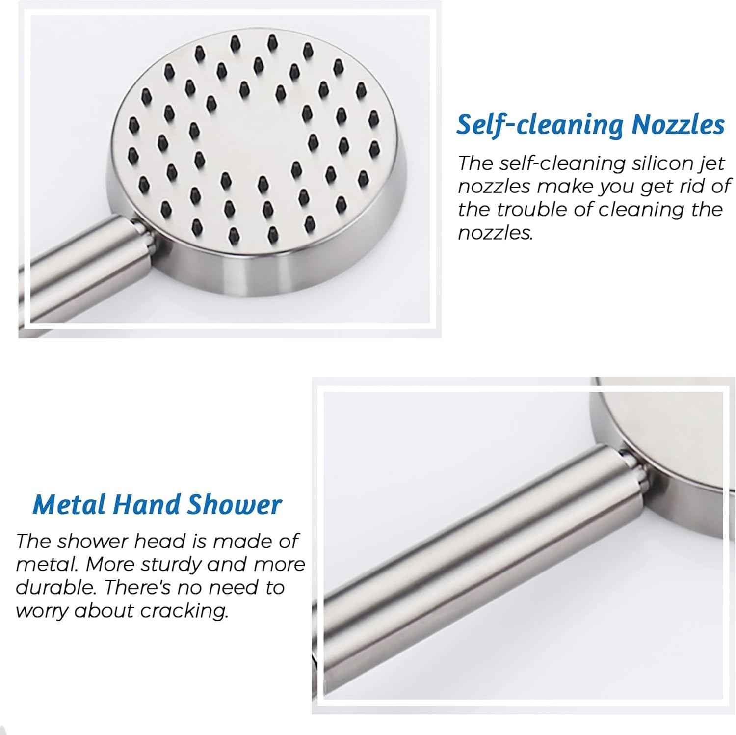 Brushed Nickel Handheld Shower Head with Extra Long Hose & Water-Saving Valve - Modern Design, 1 Setting, 10-Year Warranty