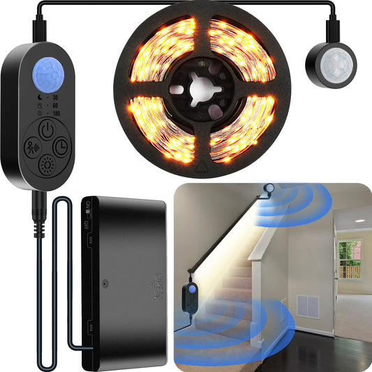 NIVOTA Dual Motion Sensor Light Indoor - 8pcs AA Battery Powered Motion Activated Step Light Strip with Double Motion Sensors, Dimmer, and Timer for Stairway, Bedroom, Corridor