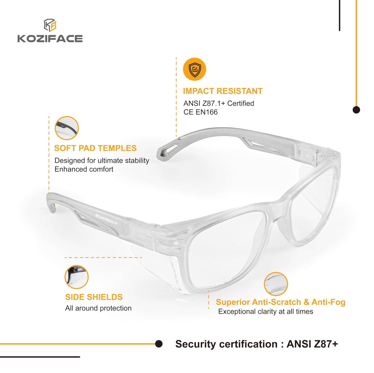KOZIFACE E52C Anti-Fog Safety Glasses – Z87+ Certified Protective Eyewear with Side Shields, Scratch-Resistant Clear Lens, Comfortable for Men & Women, Indoor & Outdoor Use