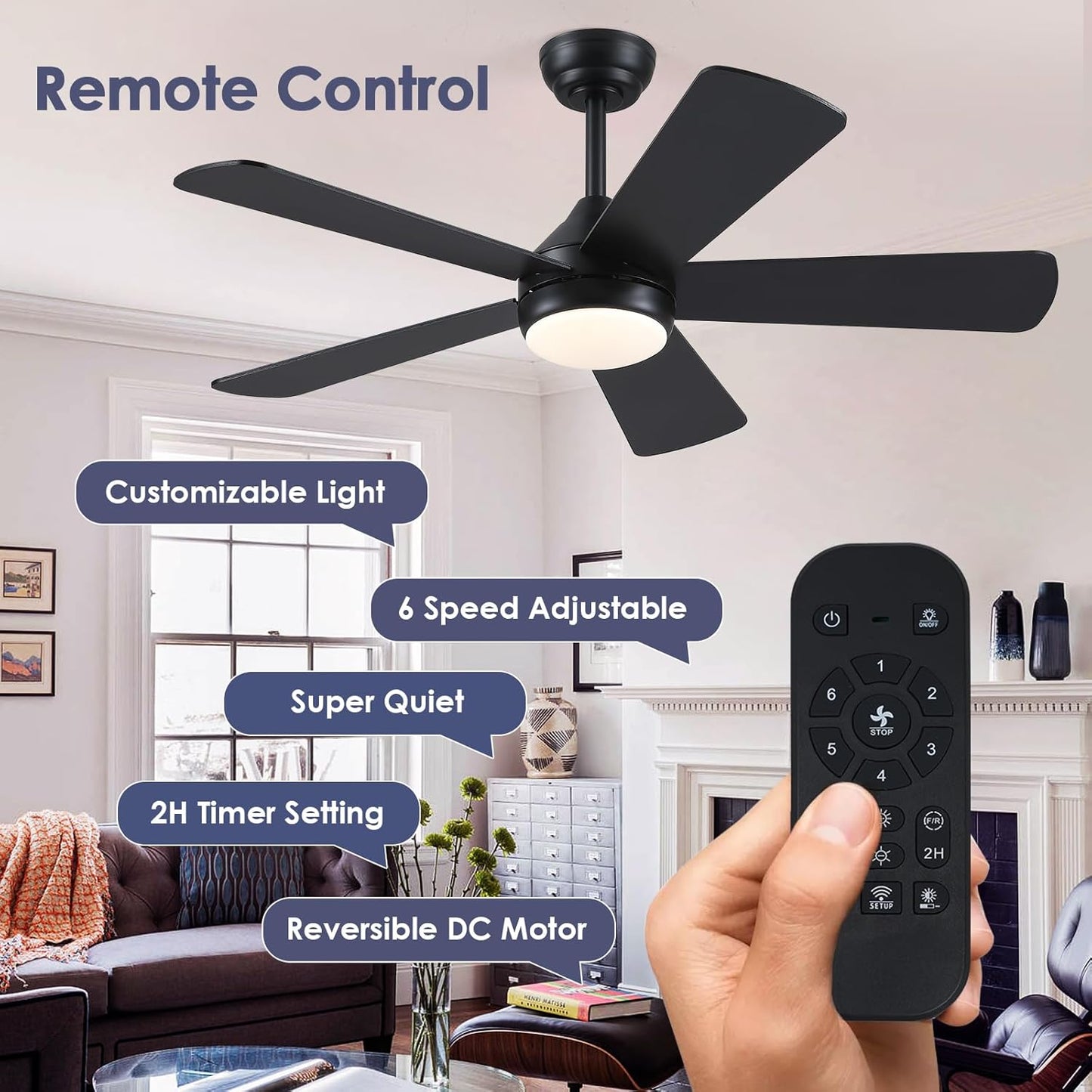 46” Black Low Profile Ceiling Fan with Lights & Remote Control - Dimmable, Noiseless, Reversible for Bedroom