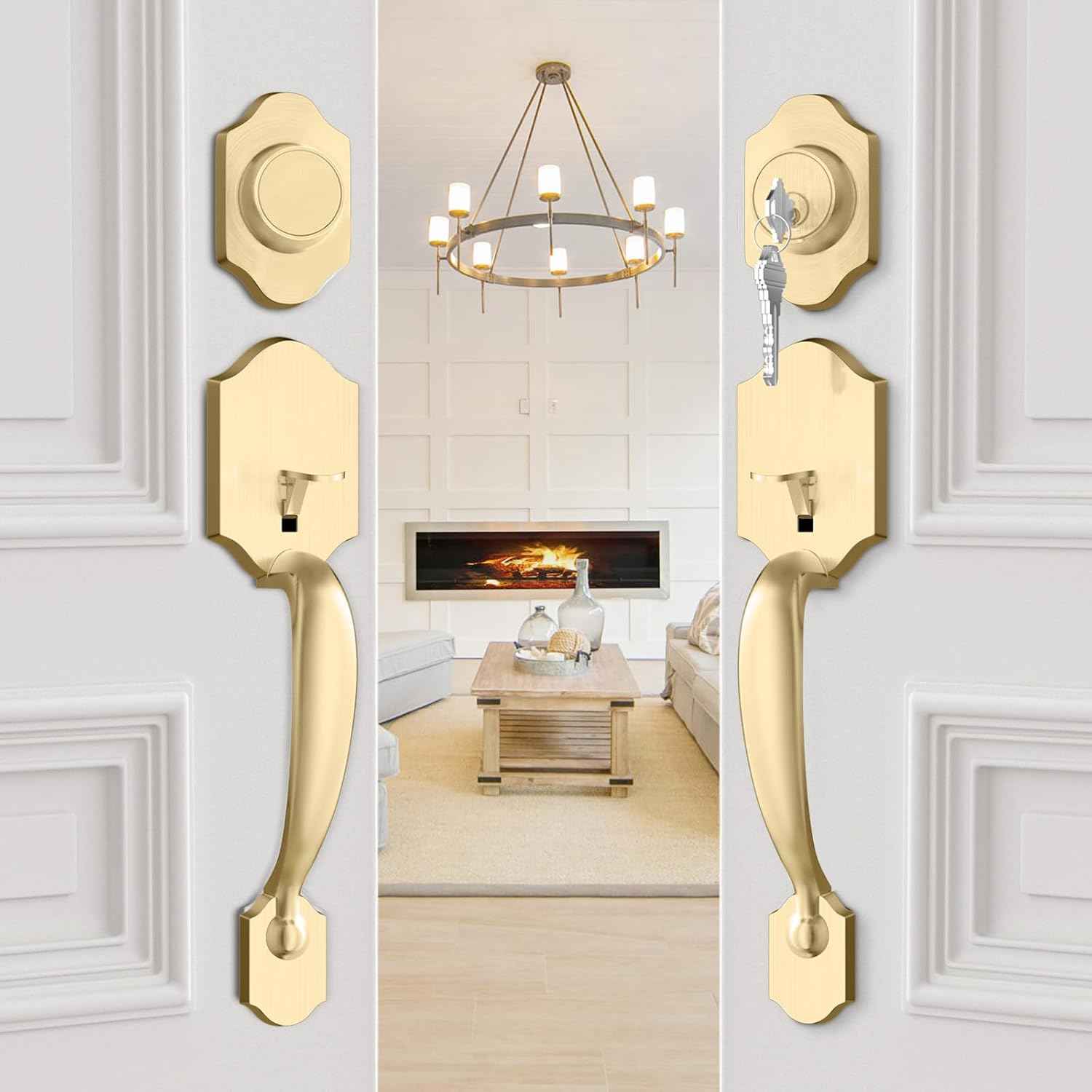 Gold Front Door Handle & Deadbolt Set - Reversible Lever Lock Hardware