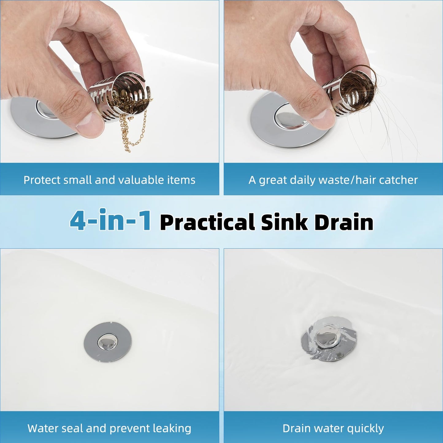 Universal Metal Bathroom Sink Drain Strainer Hair Catcher Upgraded 3 in 1 Pop-up Sink Stopper, with Detachable Stainless Steel Filter Basket, Fit for Standard 1.1''~2.36'' Basin Hole, Chrome