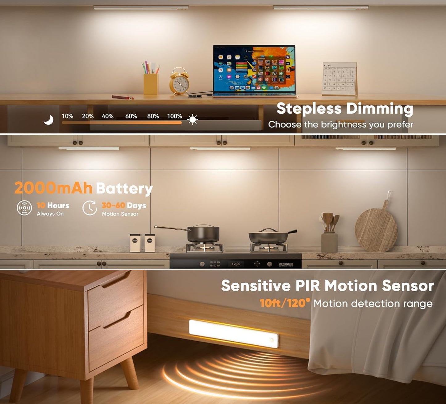 Under Cabinet Lighting,3 Color Temperatures Motion Sensor Light Indoor 2 Pack, USB Rechargeable Battery Operated Closet Lights, Wireless Dimmable LED Cabinet Lights, Under Counter Light for Kitchen