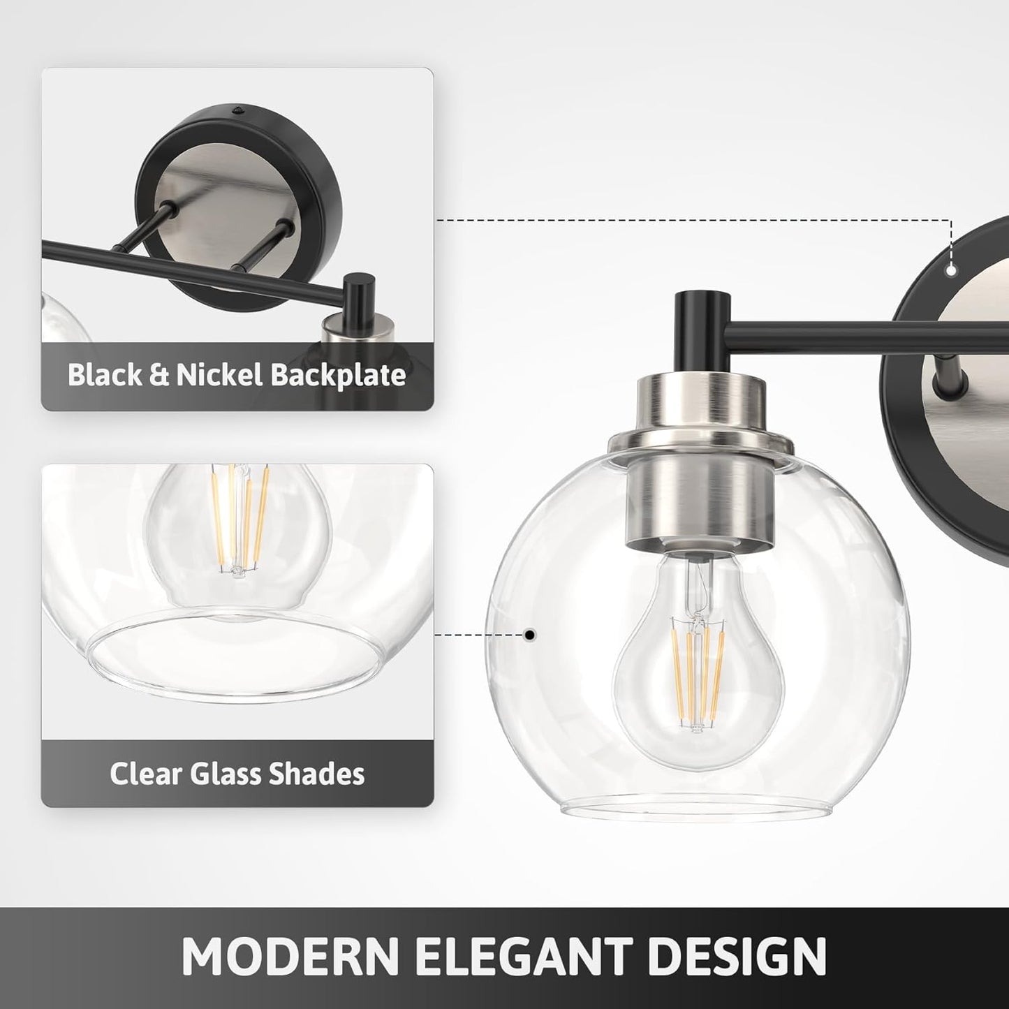 3-Light Vanity Bathroom Light Fixture with Globe Glass Shades - Brushed Nickel, ETL Certified
