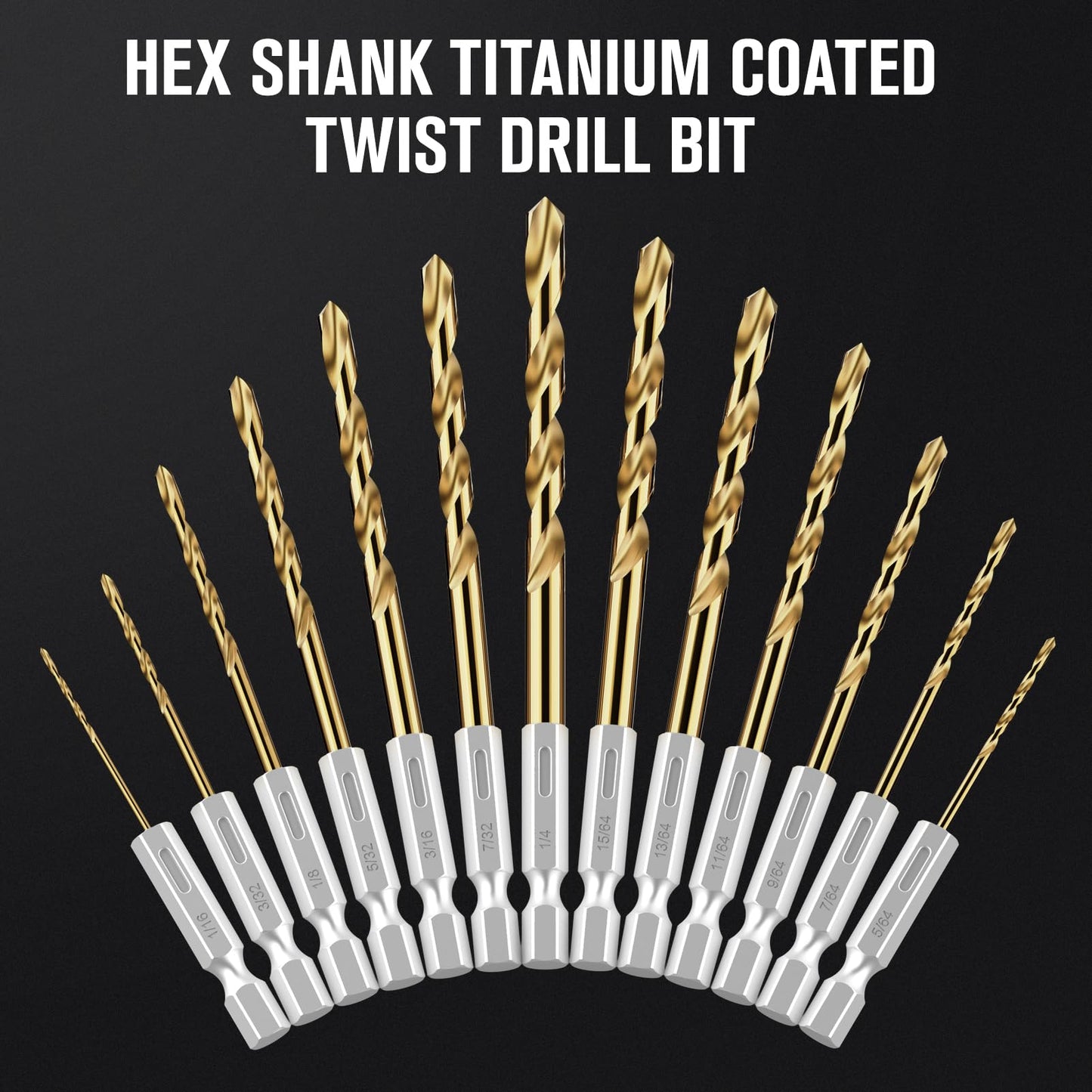 Hex Shank Drill Bit Set, 19Pcs Titanium Twist Drill Bit for Sheet Metal, Wood, Plastic, Quick Change Design (1/16" - 1/4")