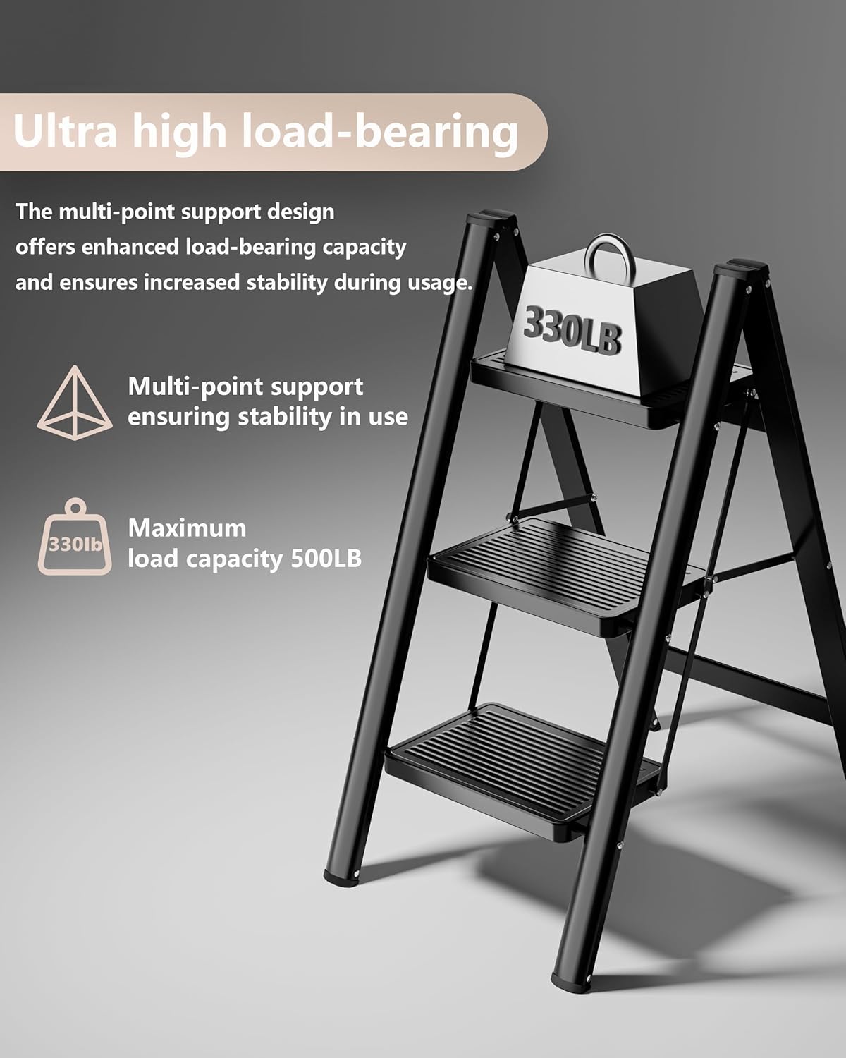 3-Step Folding Ladder - Sturdy 330 lbs Capacity Step Stool with Anti-Slip Pedals for Home & Office