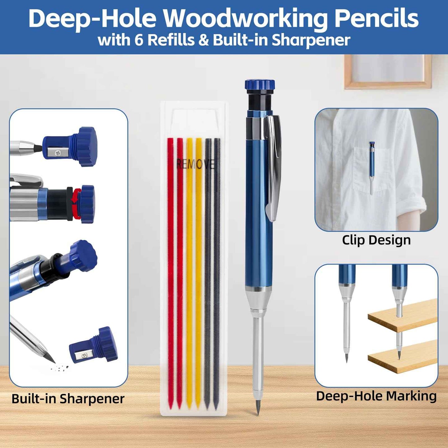 7inch Rafter Square with Carpenter Pencil, 1/8" Precision Heavy Duty Aluminum Woodworking Rule,Laser Etched Scale, Triangle-Ruler Measuring Layout Tool -Blue (Blue & Black)
