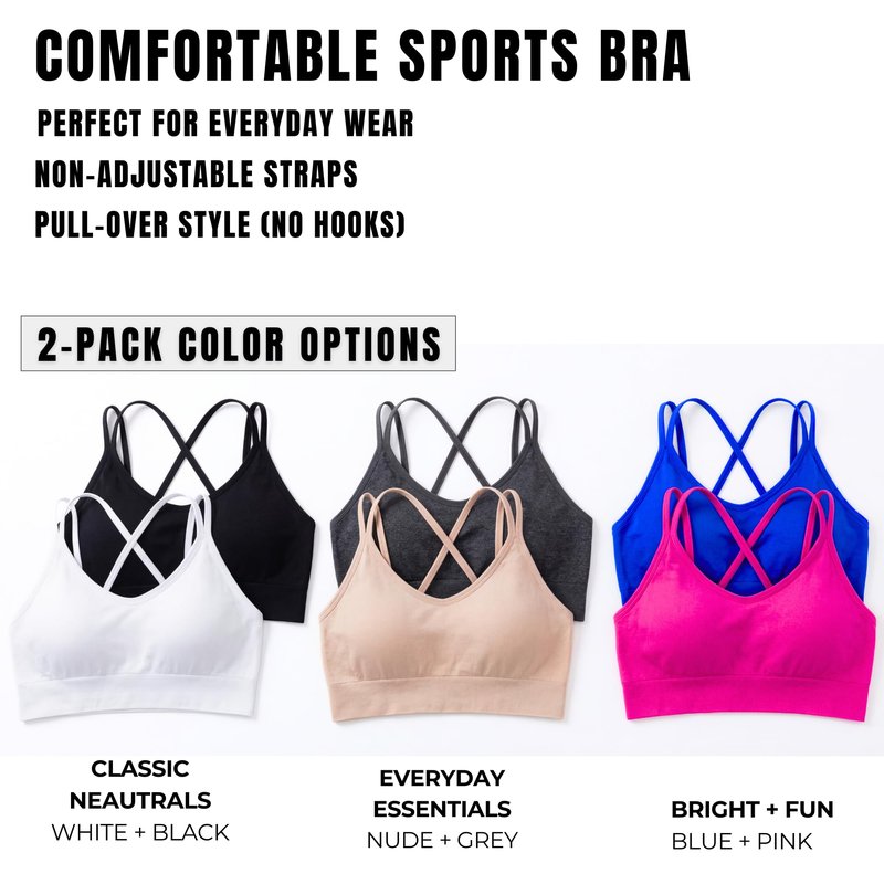 Sports Bra Sewn in Pads - Non Removable Padded Bralette for Women, Strappy Bra 2-Pack (Nude/Grey, Medium)