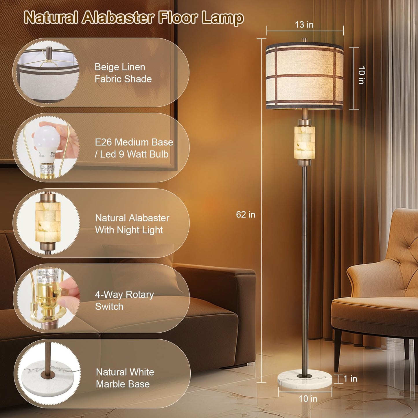 KIVDITZO Natural Alabaster Floor Lamp, Lamps for Bedroom, Tall Lamp with Night Light, Marble Base, Linen Shade,Living Room Lamp, Standing Lamp for Living Room Bedroom Office - Brown (Bulb Included)