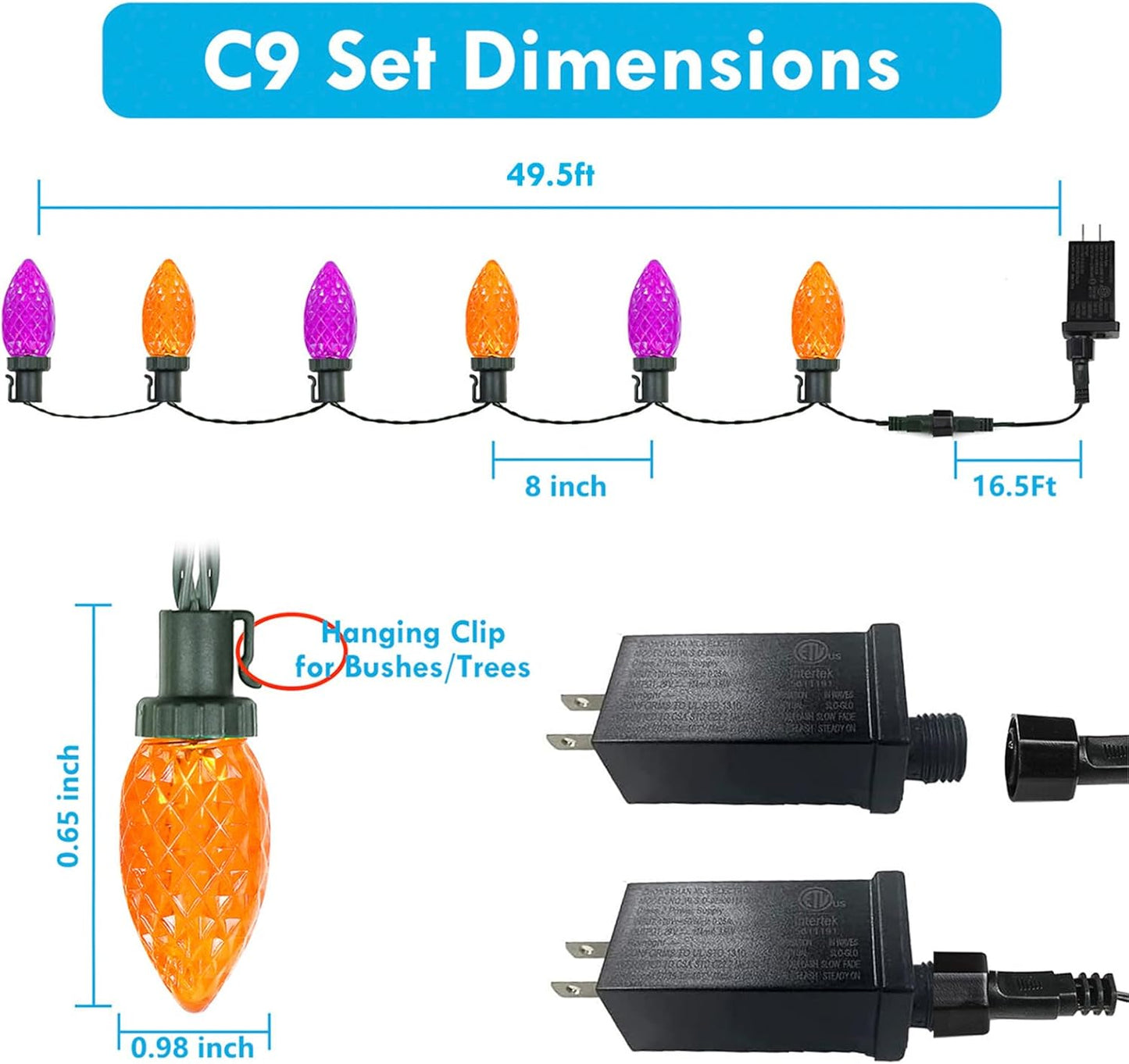 100 LED Orange & Purple C9 Halloween String Lights - Waterproof, 98FT, 13 Modes for Indoor/Outdoor Party Decor
