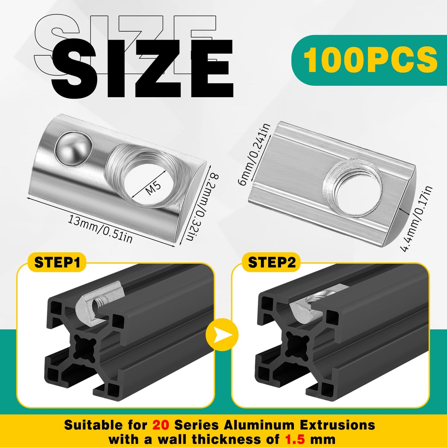 Yaocom 100 Pcs 2020 Series M5 T Nuts Half Roll in Spring Silver Thread Spring Carbon Steel European Standard T Nut for Aluminum Extrusion Profile