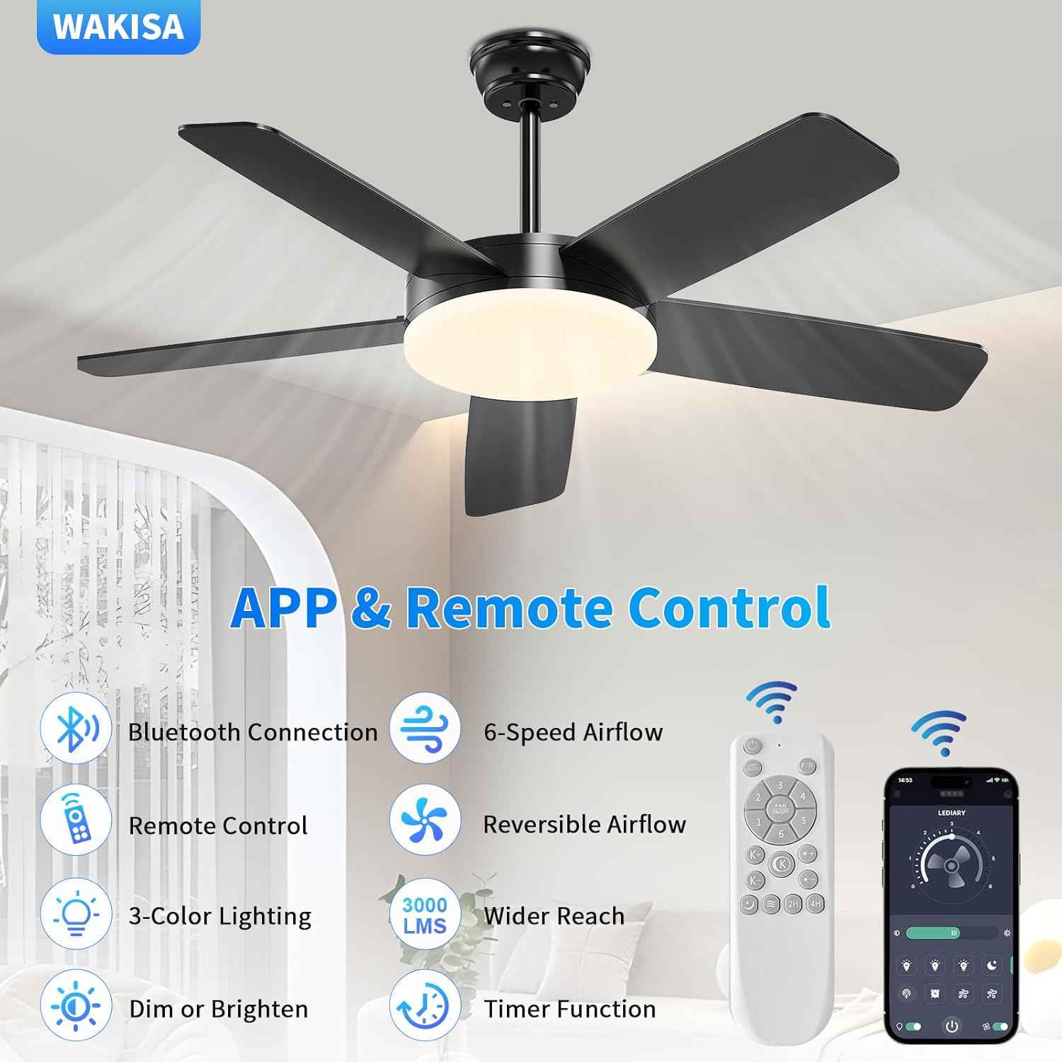 45-Inch Dimmable Ceiling Fan with Lights & Remote - 6 Speeds, Reversible, Quick Install for Indoor/Outdoor Use