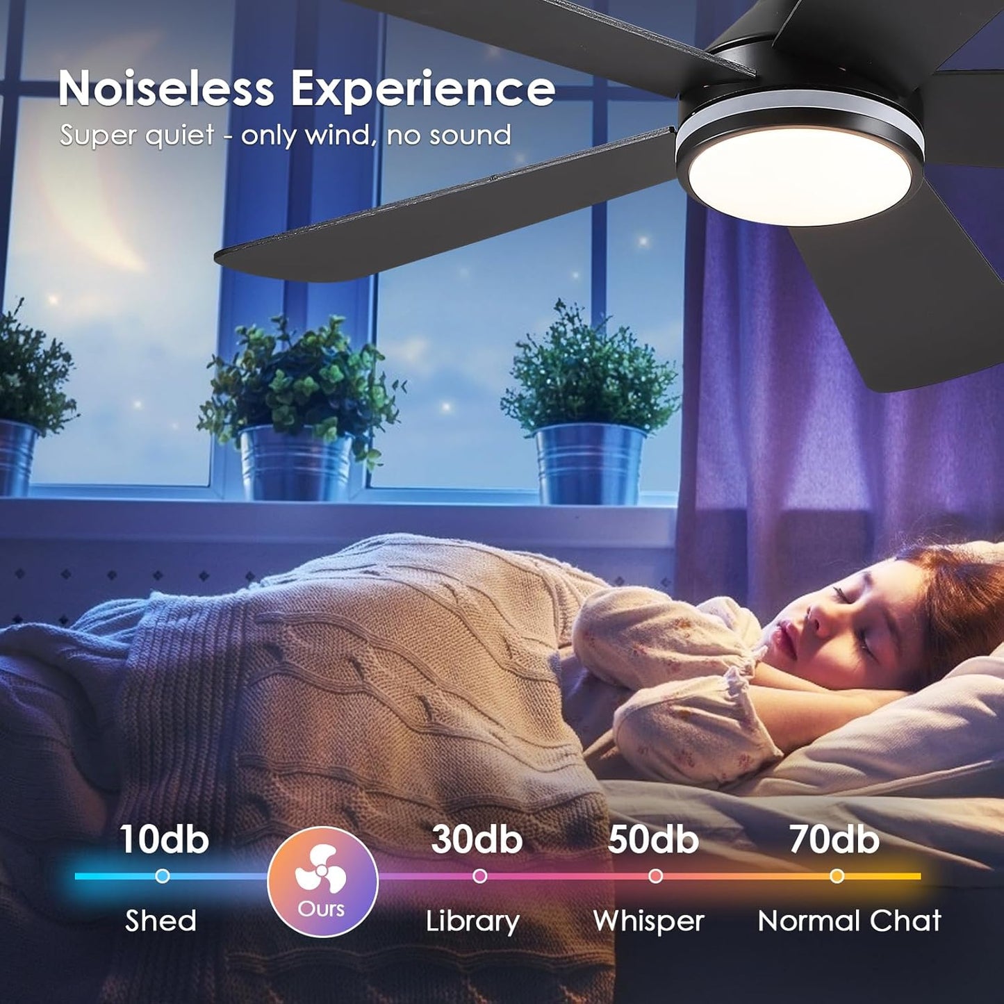 46” Black Low Profile Ceiling Fan with Lights & Remote Control - Dimmable, Noiseless, Reversible for Bedroom