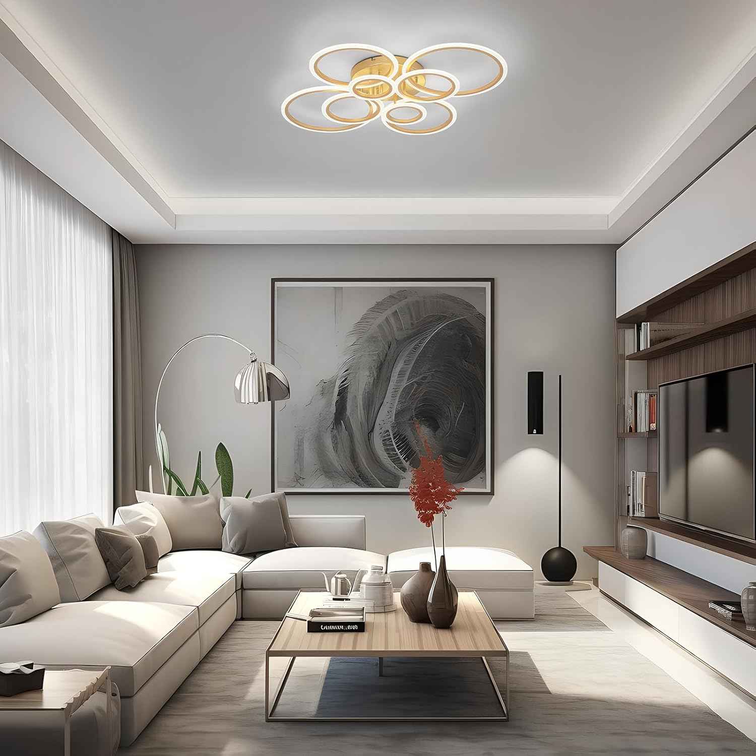 Modern LED Flush Mount Ceiling Light - 4 Rings 4000K Fixture for Kitchen & Living Room