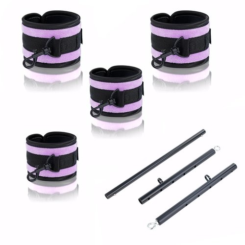 Spreader Bar Heavy Duty Stainless Steel Expandable Black Bar Home Gym with 4pcs Furry Purple Adjustable Strap,Sports Aid Training Fitness Gear Pilates Aid Kit,Indoor Yoga Set