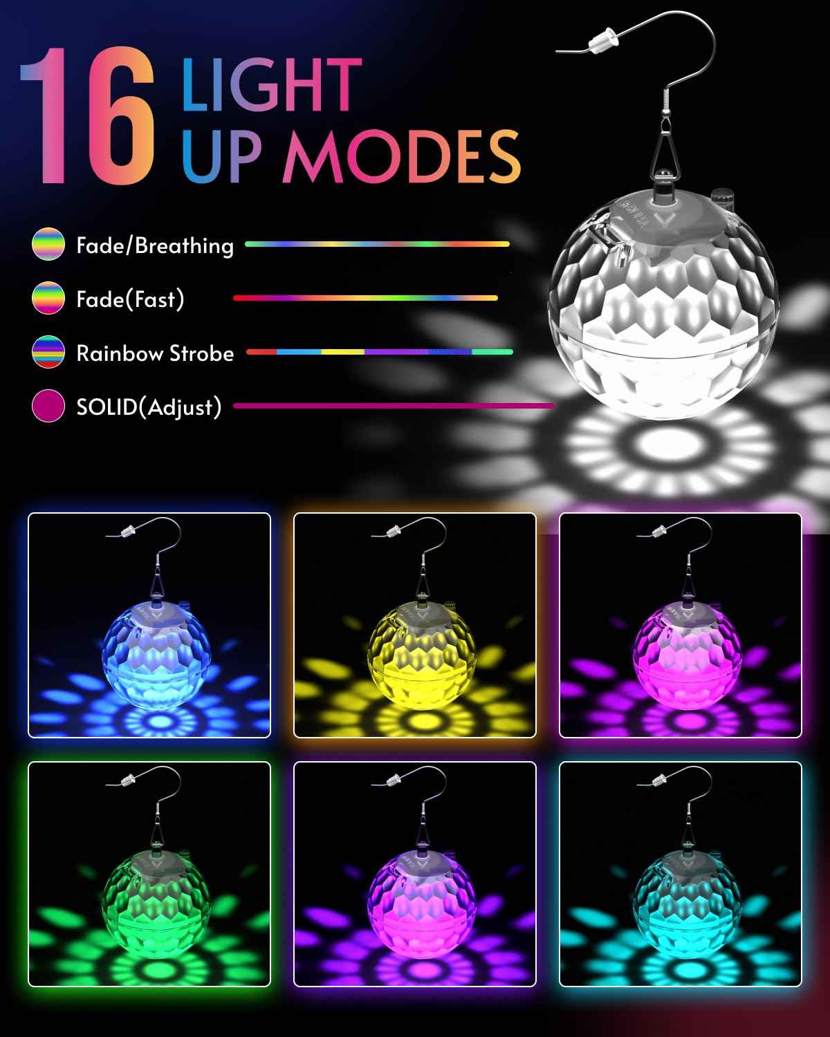 Light up Earrings Rhombic Disco Ball Earrings 16 Light Modes Rechargeable 60s 70s 80s Earrings for Women Concert, Disco Party, Rave Accessories