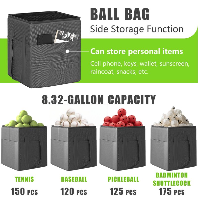 wasoyun Tennis Ball Hopper with Wheels - Height Adjustable Foldable Tennis Ball Basket with Storage Bag Ball Candy for 150 Pickleball & Tennis