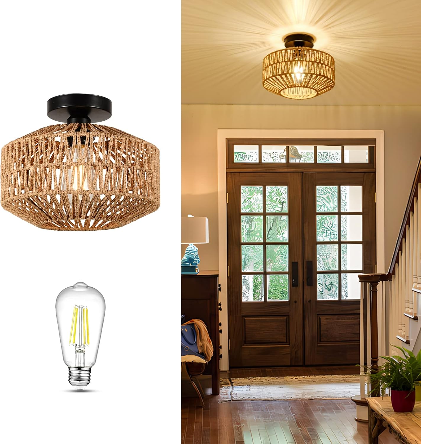 Boho Rattan Chandelier Ceiling Light Fixture with Dimmable LED Bulb - Hand Woven Flush Mount for Hallway, Bedroom, Kitchen & Living Room