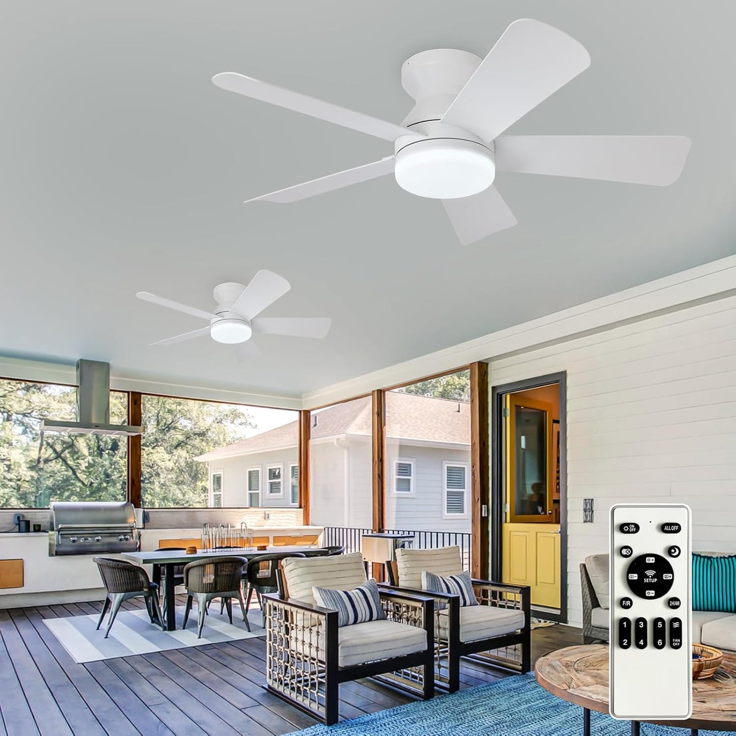 42-Inch Modern Black Ceiling Fan with Light & Remote - Dimmable Low Profile, 5 Reversible Walnut Blades, 6 Speeds for Indoor/Outdoor Use