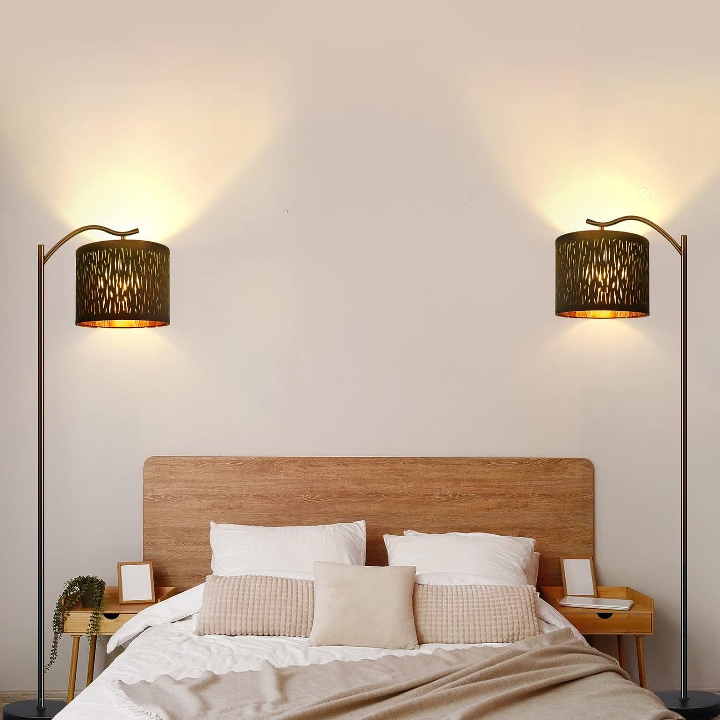 Modern LED Floor Lamp with Bohemian Linen Shade – Arched Tall Standing Light for Living Room & Bedroom