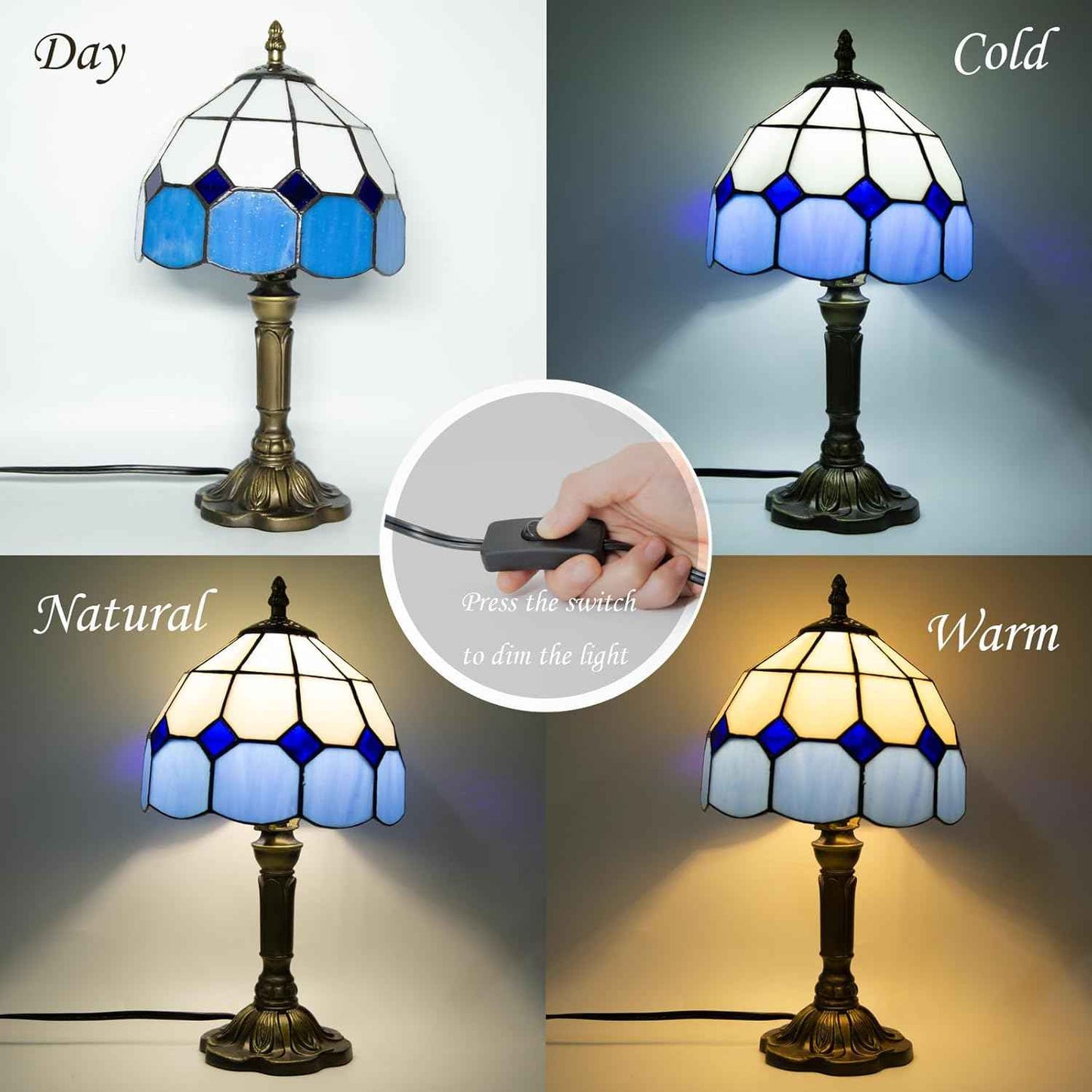 Tiffany Table Lamp - 8 Inch Antique Stained Glass, 3 Color Temperatures, Handcrafted for Bedroom & Living Room