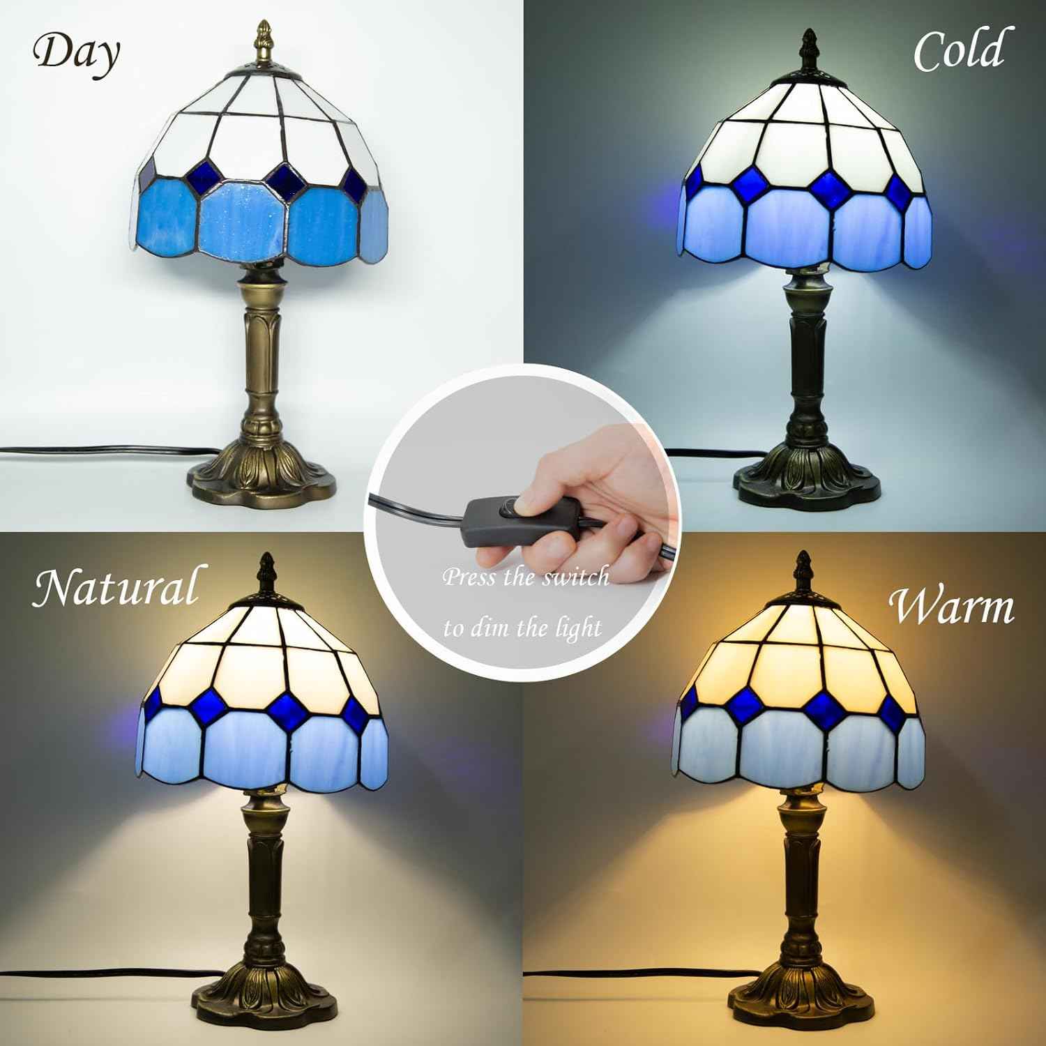 Tiffany Table Lamp - 8 Inch Antique Stained Glass, 3 Color Temperatures, Handcrafted for Bedroom & Living Room