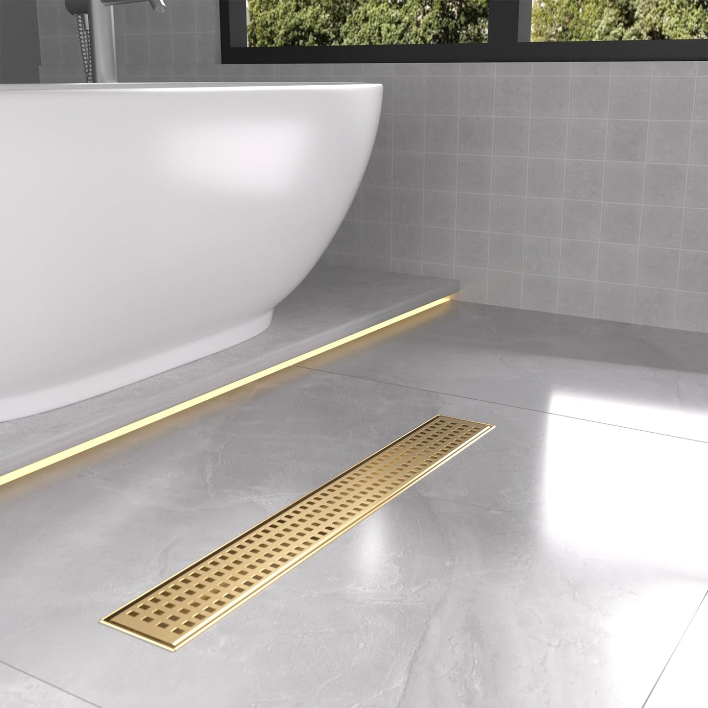 Linear Shower Drain | 24 Inch AISI 304 Stainless Steel Shower Drain, Brushed Gold Linear Drain with Removable Quadrato Grate Cover & Adjustable Feet, Rectangle Floor Drain, in Bathroom Balcony etc