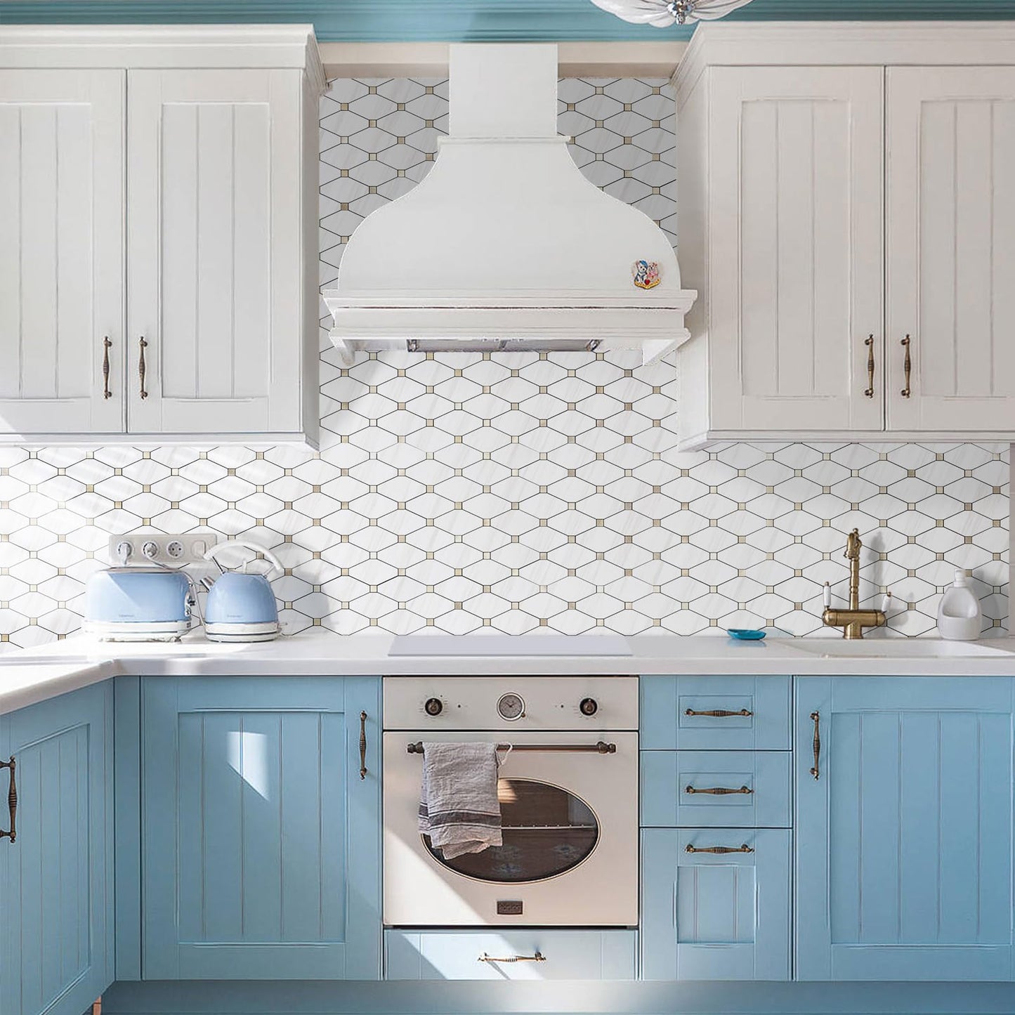 STICKGOO 1 Sheet Peel and Stick Backsplash, Polished Dolomite PVC Mixed Metal Gold Kitchen Backsplash, Stick on Backsplash Wall Tiles for Kitchen, Bathroom, RV