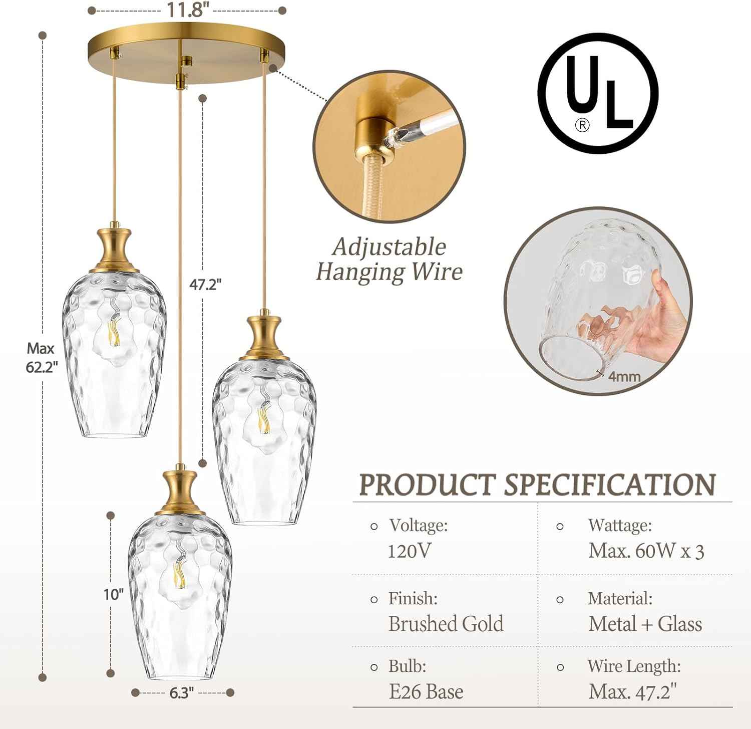 Brushed Nickel Glass Pendant Light Fixture - Modern 1-Light Hanging Lamp for Kitchen Island & Dining Room
