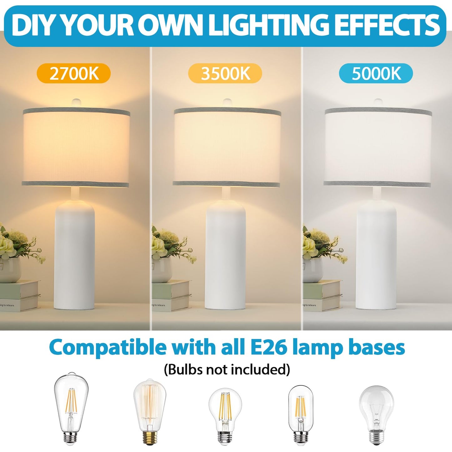 Ceramic Table Lamps Set of 2 for Bedroom Living Room, 24.8'' Modern Matte White Bedside Nightstand Lamp with Linen Drum Shade, Farmhouse Rustic Night Light Desk Decor for Kitchen Read Study Office