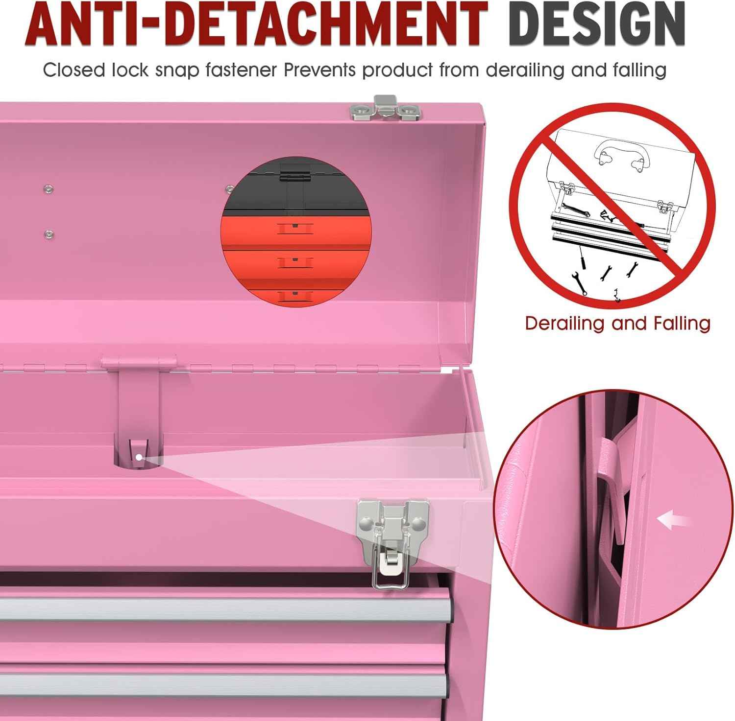 Portable Pink 3-Drawer Steel Tool Box with Locking System for Tool Storage