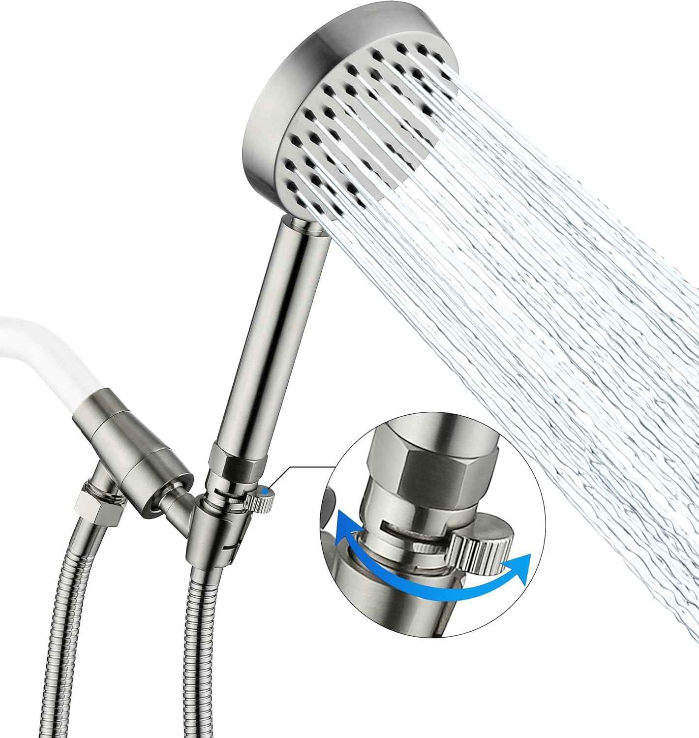 Brushed Nickel Handheld Shower Head with Extra Long Hose & Water-Saving Valve - Modern Design, 1 Setting, 10-Year Warranty