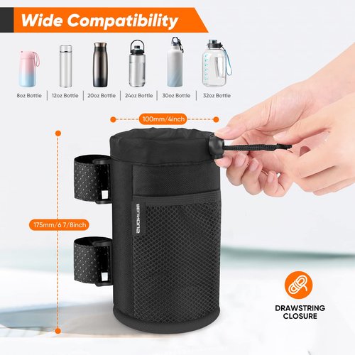 Belinous Scooter Cup Holder for 8-32oz Bottles, Wheelchair Walker Water Bottle Holder for UTV Roll Bar Bike e-Bike Golf Cart and Boat, Drink Holder with Net Pockets and Hook and Loop Straps