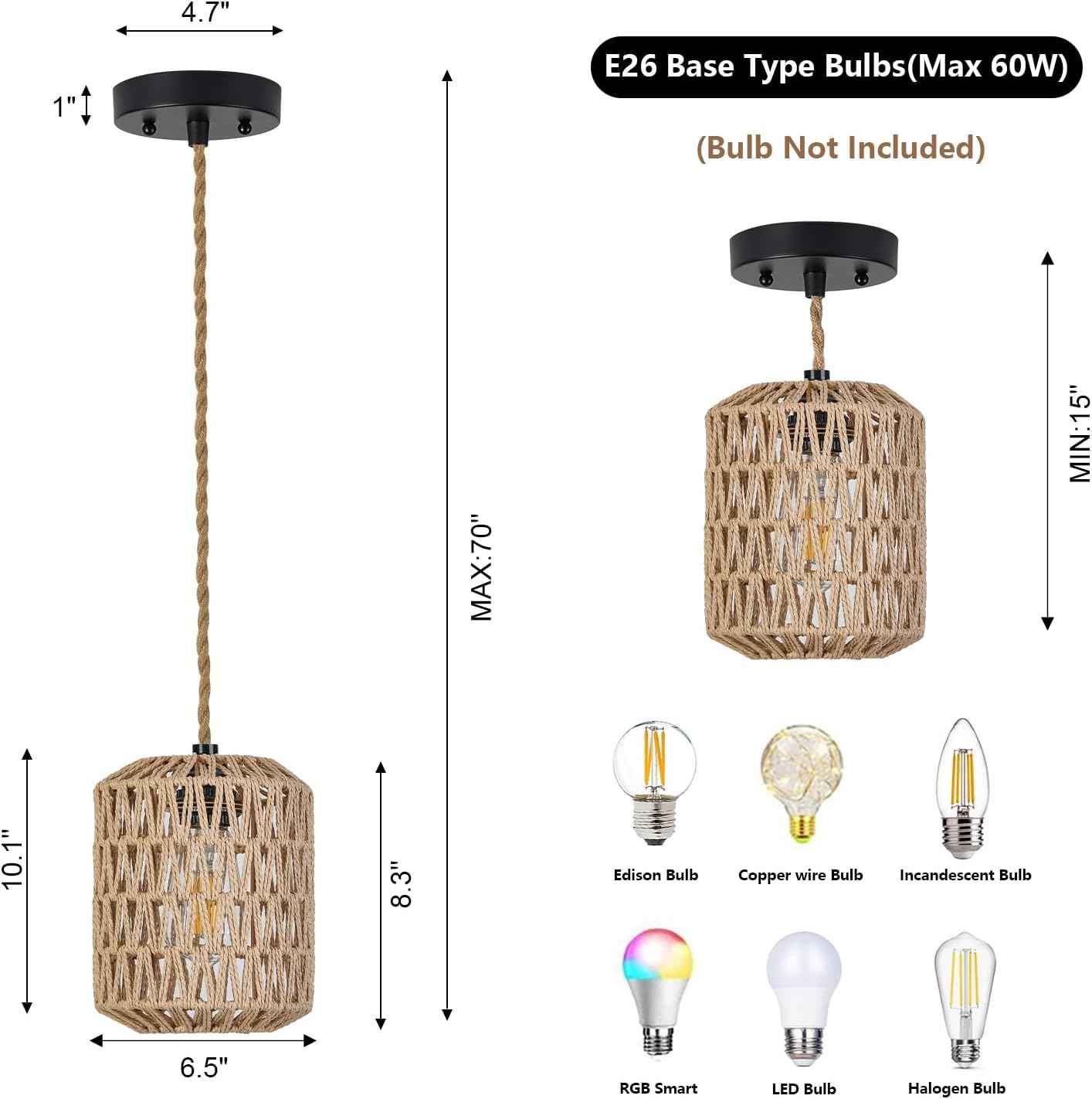 Boho Rattan Pendant Light with 3 Bulbs & 22ft Cord - Woven Hanging Chandelier for Bedroom, Kitchen, Hallway