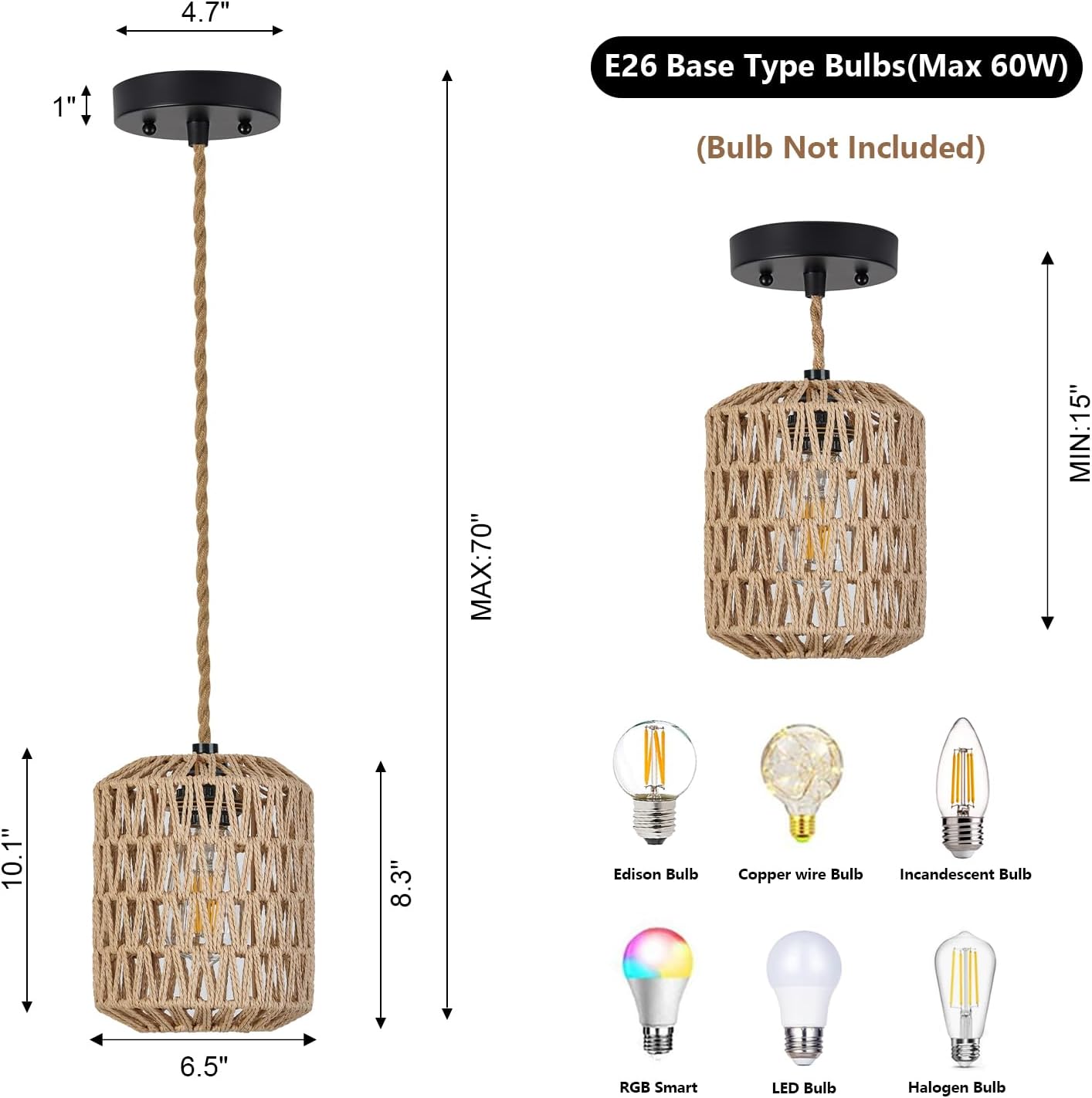 Boho Rattan Pendant Light with 3 Bulbs & 22ft Cord - Woven Hanging Chandelier for Bedroom, Kitchen, Hallway