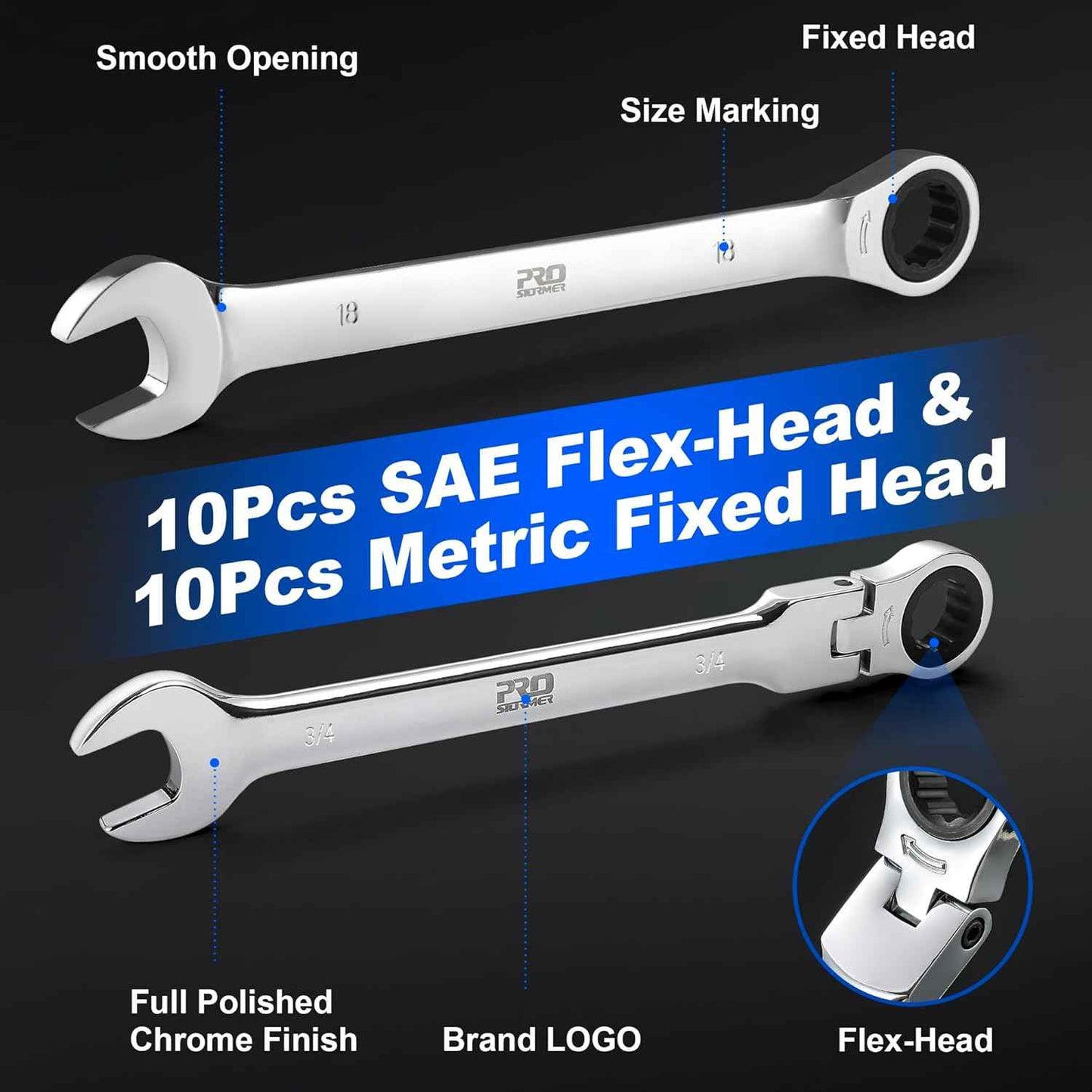 14-Piece Metric Ratcheting Wrench Set - Flex-Head, 72 Tooth, Cr-V Steel with Storage Case (6-19mm)