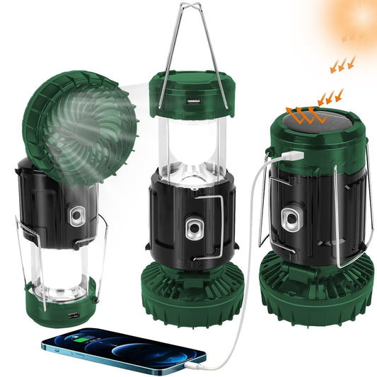 BUGPASS Solar Camping Lanterns with Fan, Collapsible Lightweight Camping Lantern, Rechargeable LED Lanterns Camping Fans for Camping Tent Hurricanes Power Outages Storm Indoor Outdoor, Green