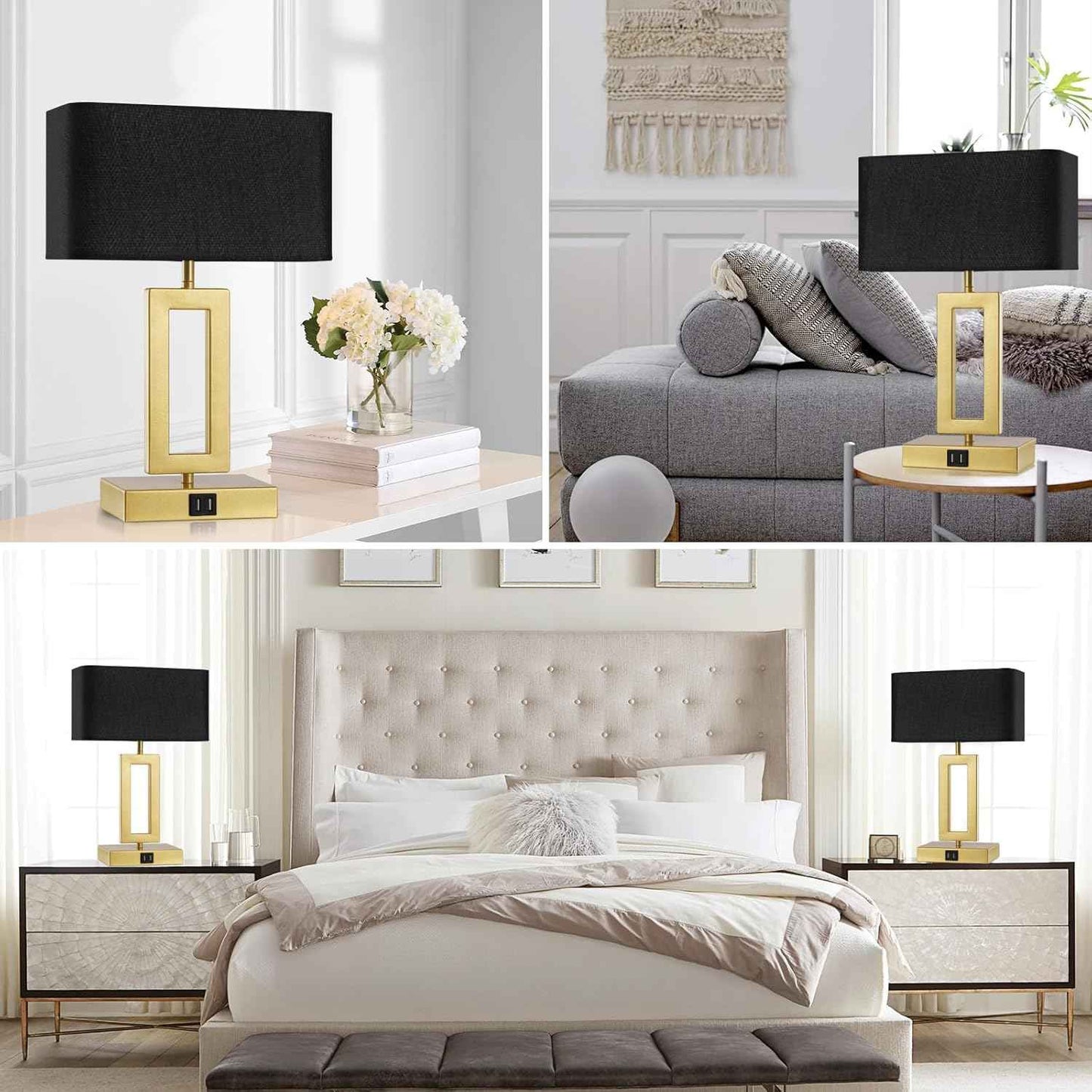 Gold Table Lamps Set of 2 - 3-Way Dimmable Touch Control with USB Ports, 22” Modern Design for Bedroom & Living Room