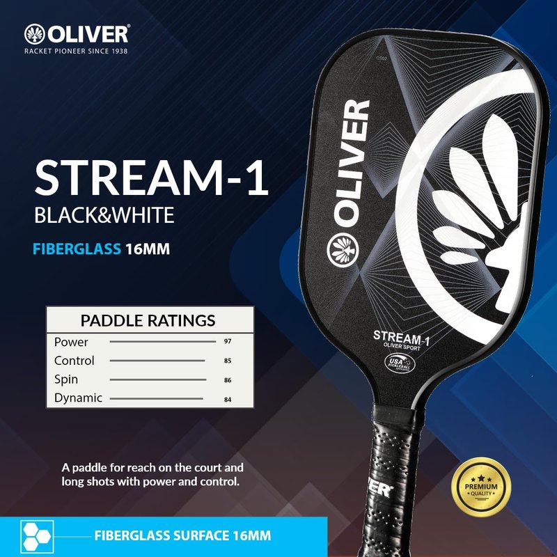 Stream-1 Pickleball Paddle | USAPA Approved | Oliver Meta Carbon Technology & Fiberglass Surfaces | Control & Performance | 16MM Polypropylene Honeycomb Core | Ideal for Novice & Professional Players