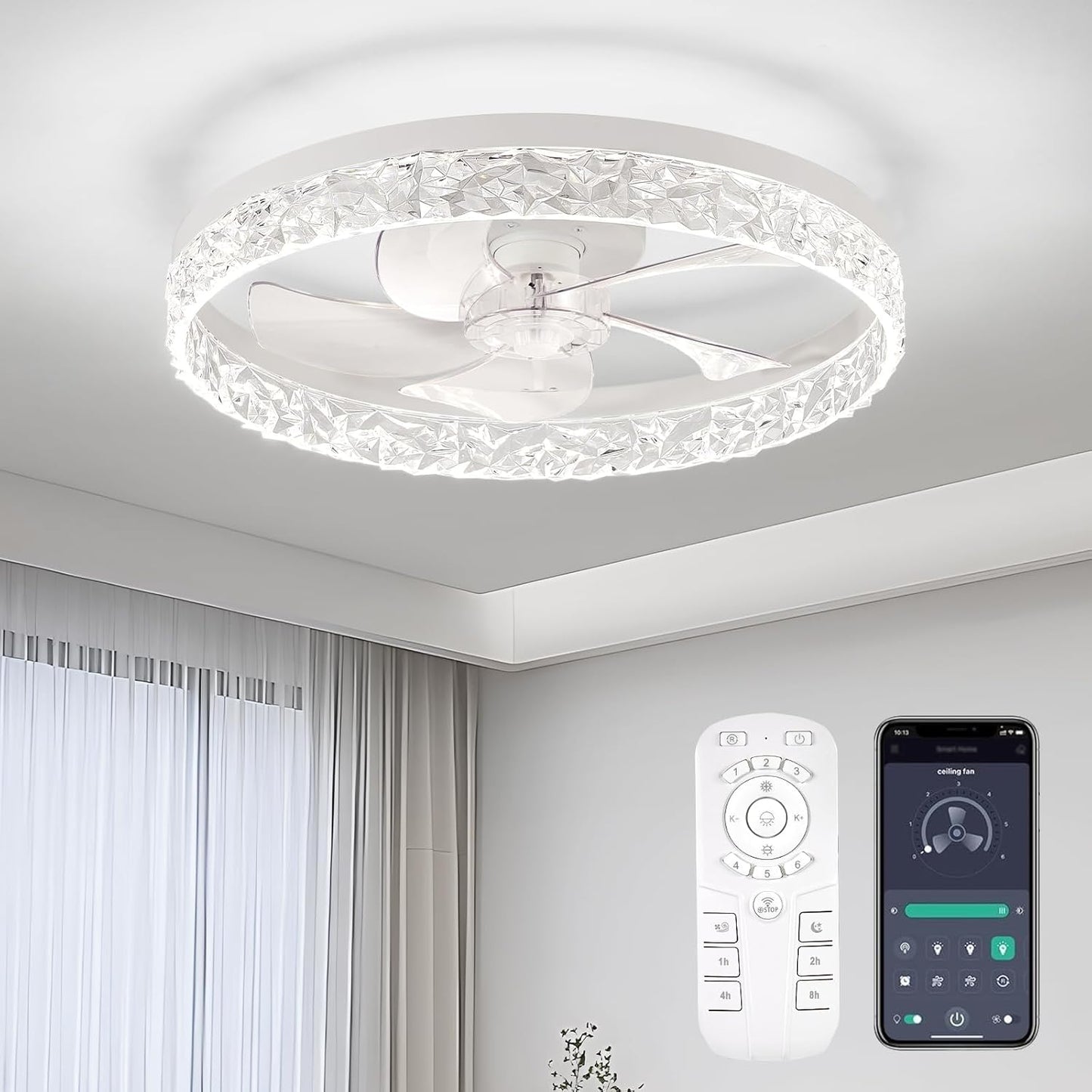 Flush Mount Ceiling Fan with Lights & Remote - 6 Speed Low Profile for Bedroom & Small Rooms