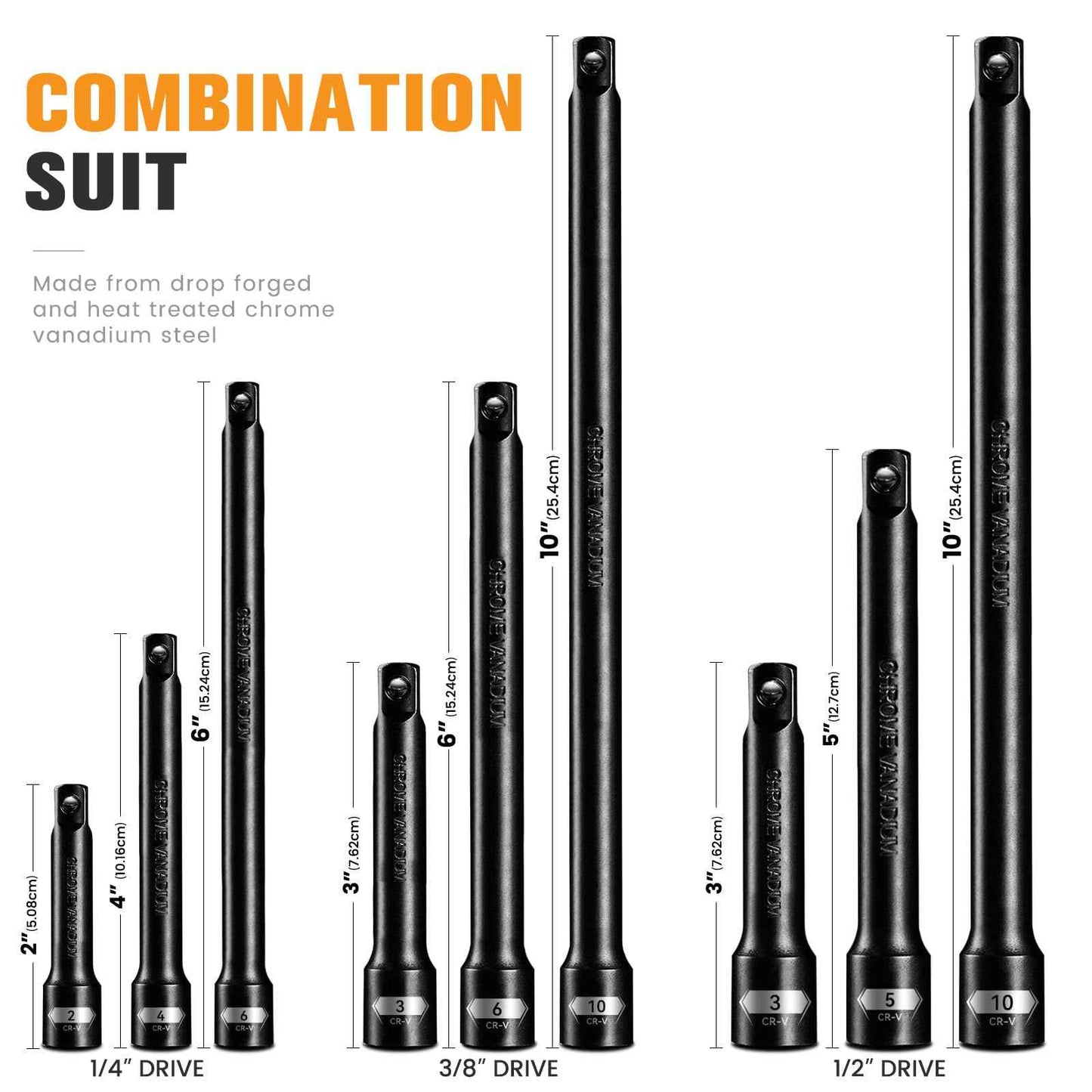 9 Pieces Impact Extension Bar Set, 1/4", 3/8" and 1/2" Drive Socket Extension, Premium Chrome Vanadium Steel with Black Phosphate Finish