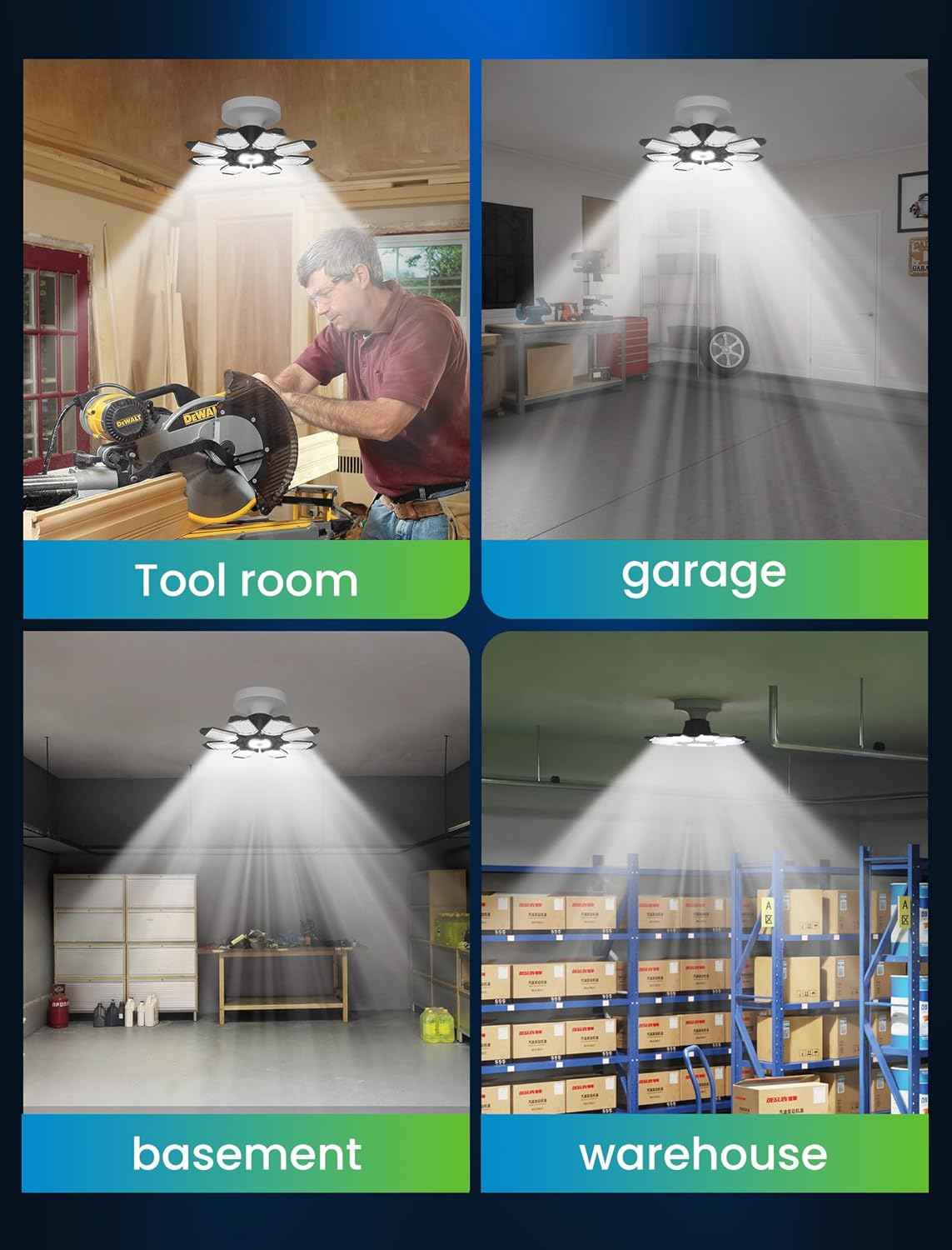250W LED Garage Lights - 25,000LM Deformable Ceiling Light with 8 Adjustable Panels, E26/E27 Socket - 4 Pack