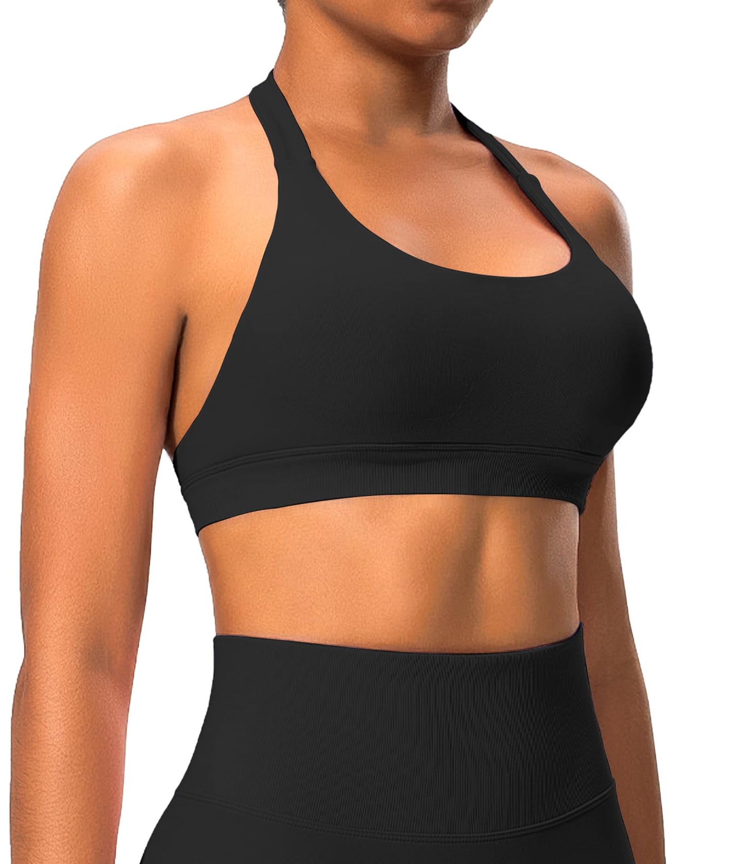 Comper Halter Sports Bras for Women Backless Workout Bra Seamless Open Back Strappy Yoga Bra Crop Top with Removable Cups(Black+L)