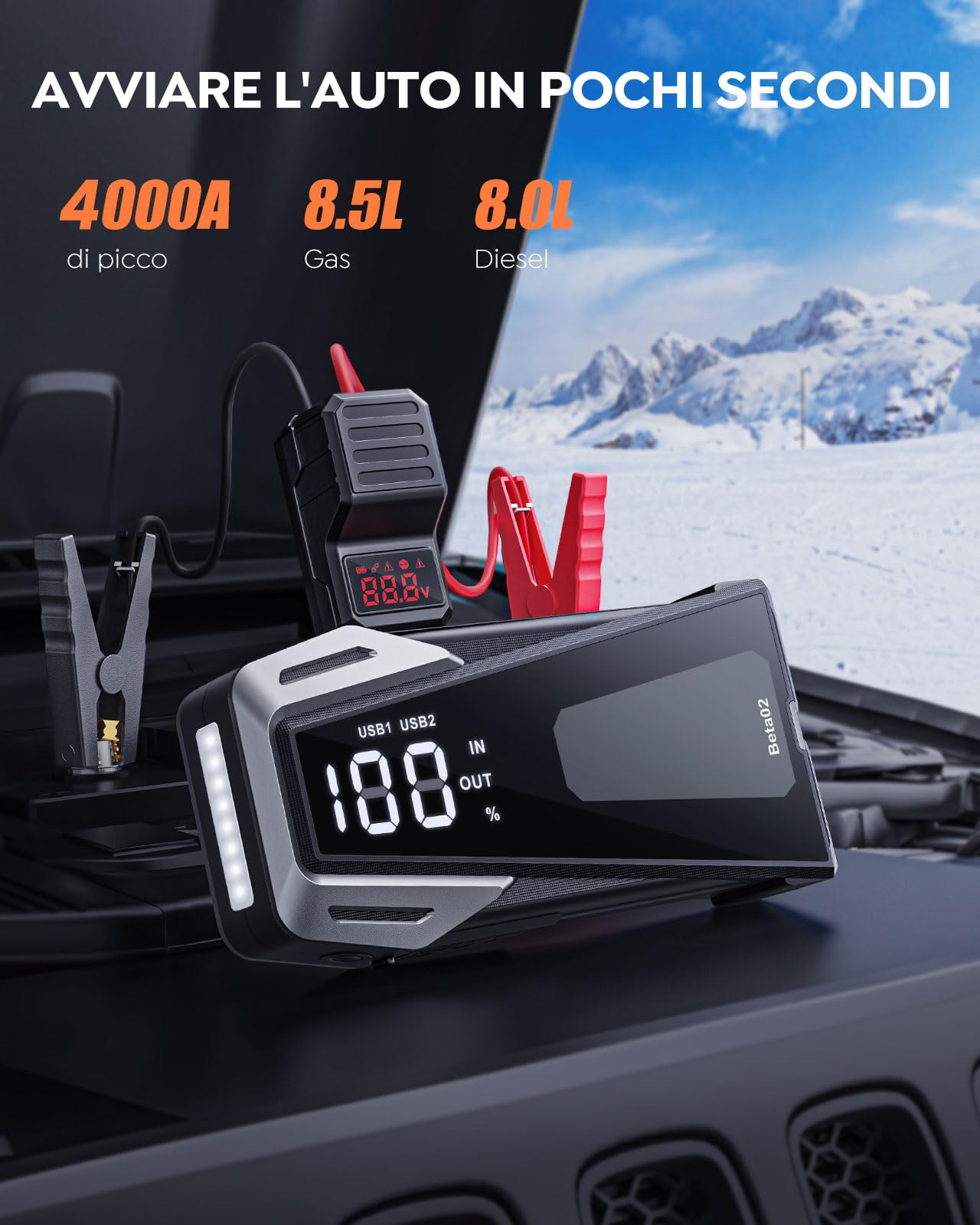Car Battery Jump Starter 4000A Jump Box (8.5L Gas/8.0L Diesel), Jumper Starter Portable Car Jump Starter Battery Pack with Extended Smart Jumper Cables, Quick Charge, Large Display, Lights
