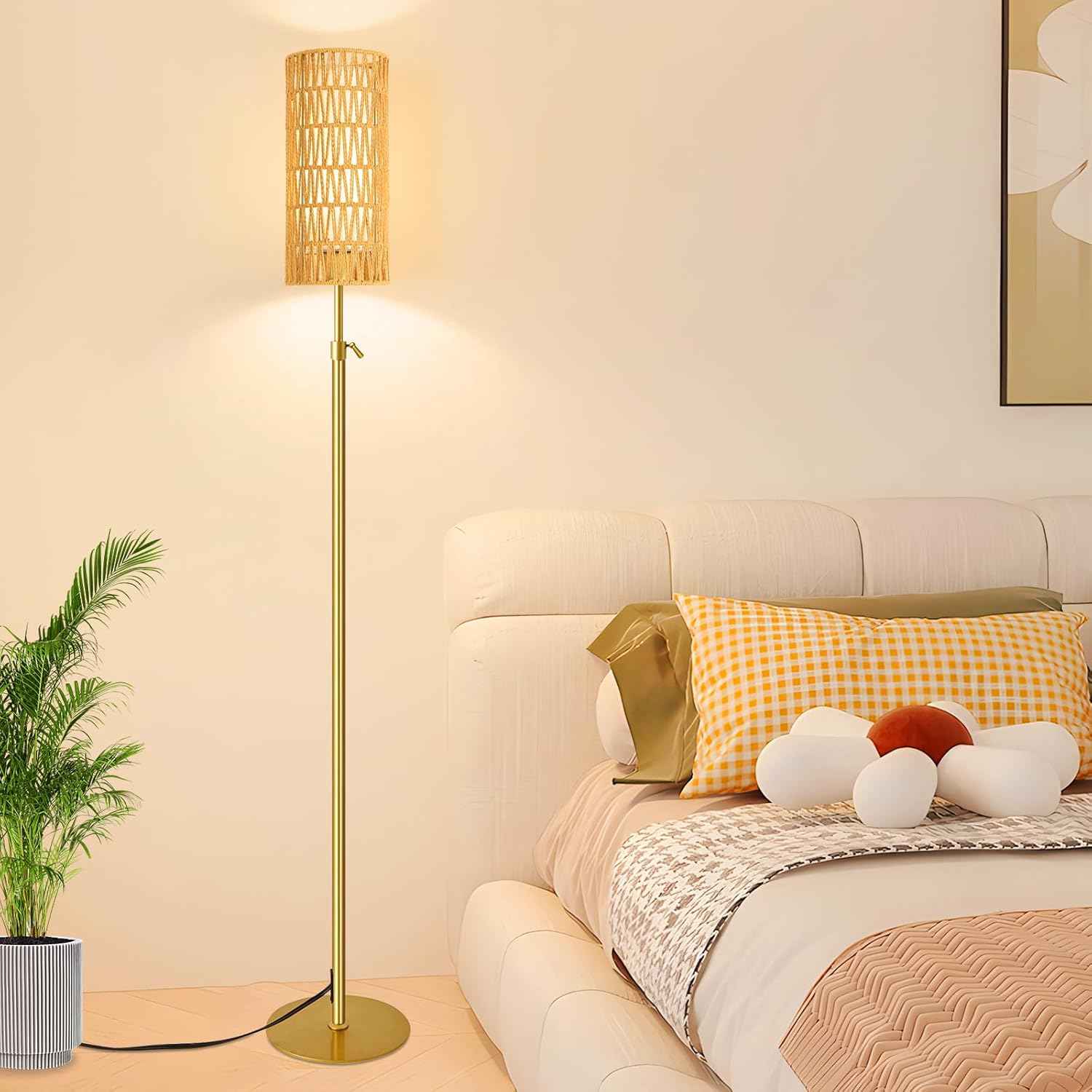 Boho Gold Floor Lamp with Remote Control | Dimmable Rattan & Wicker Design for Living Room